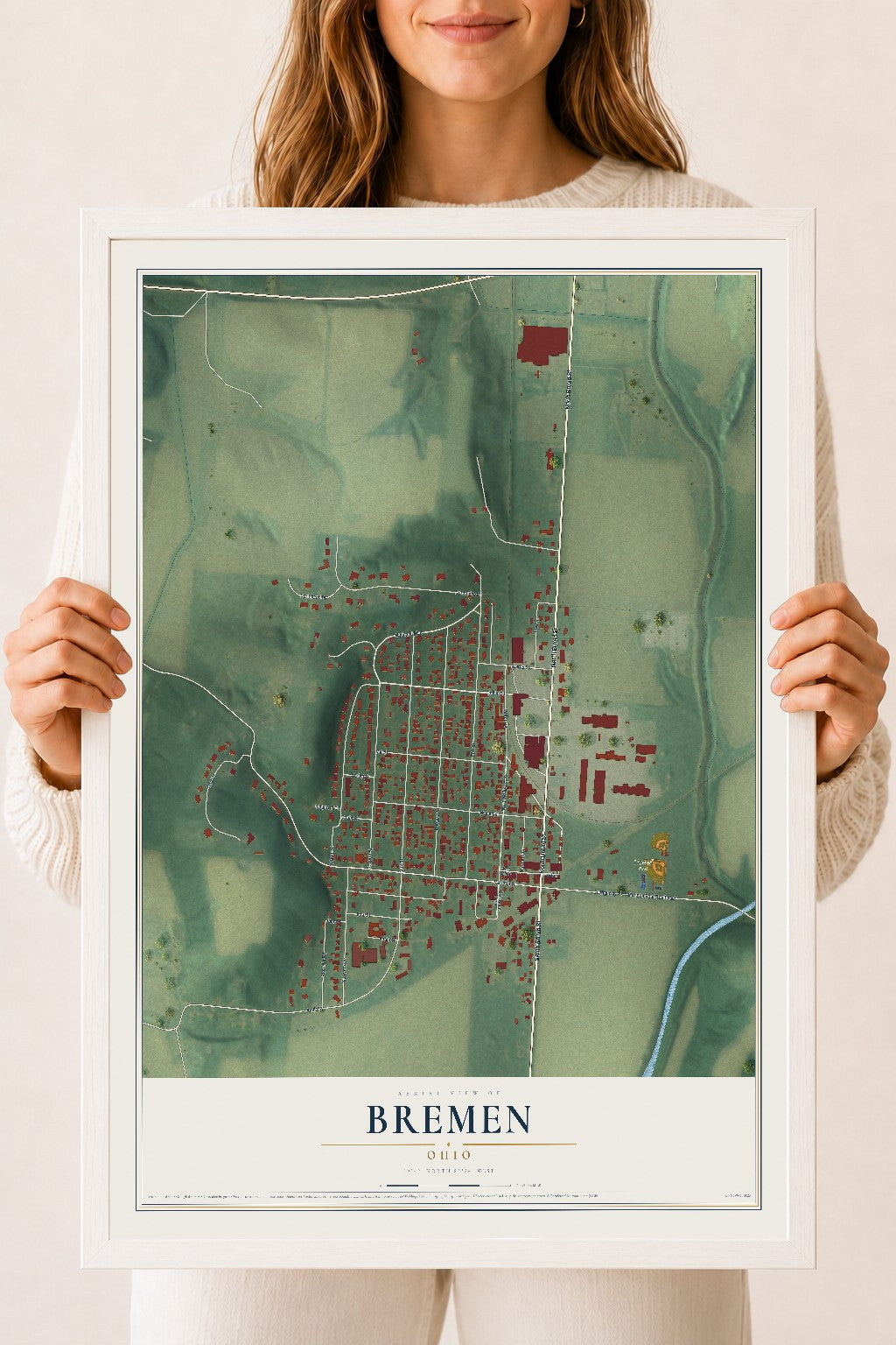 Map of Bremen, Ohio, 18 x 24 inch print in a white wood frame