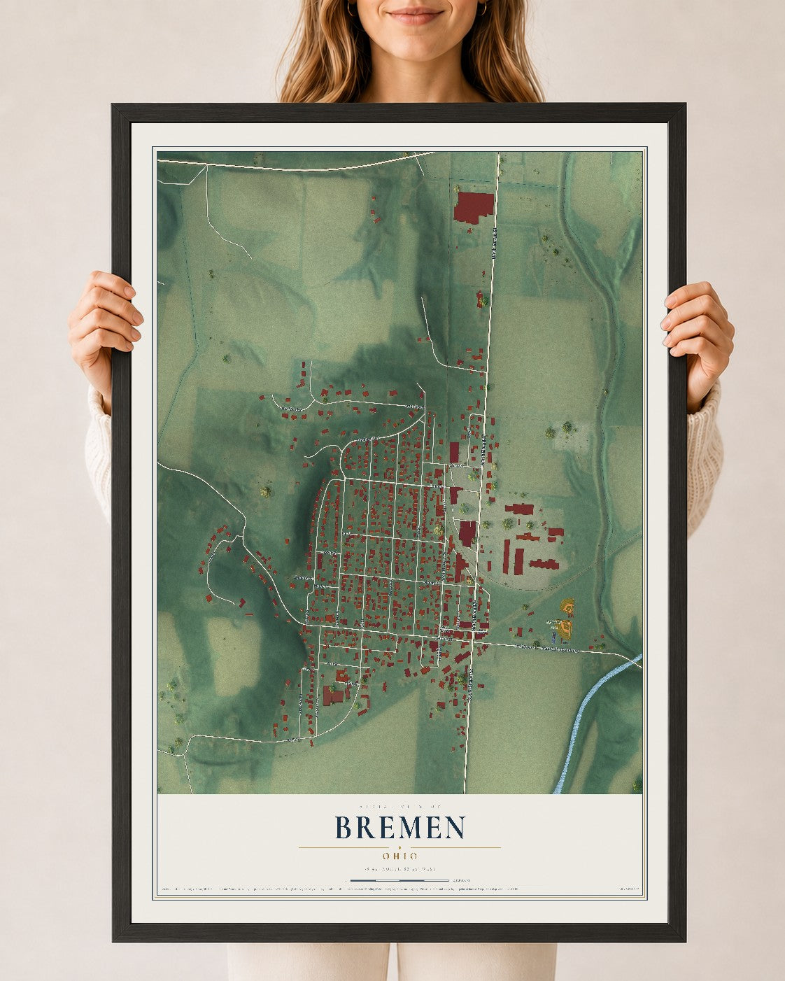 Map of Bremen, Ohio, 24 x 36 inch print in a black wood frame