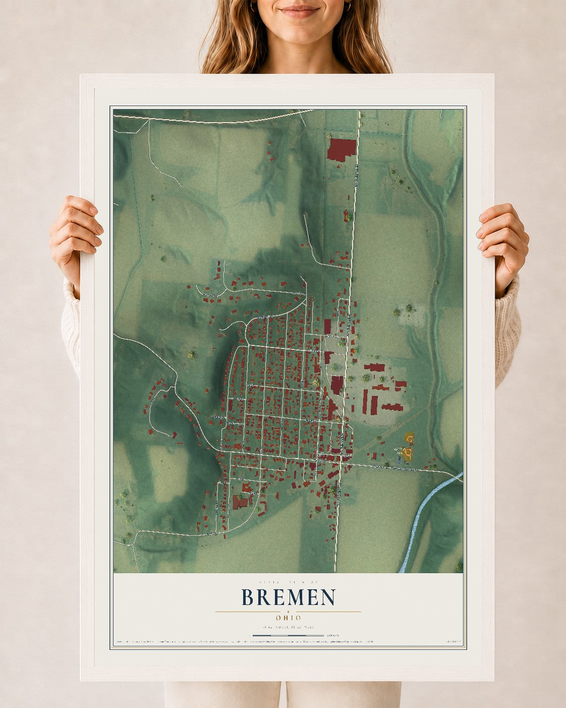 Map of Bremen, Ohio, 24 x 36 inch print in a white wood frame