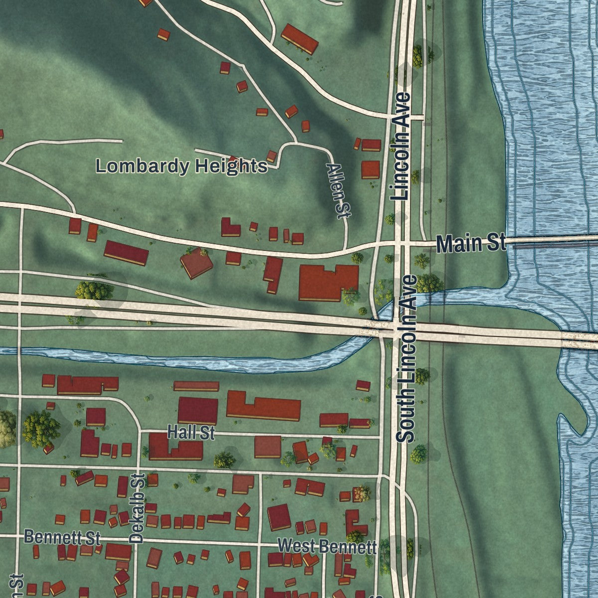 Close-up of the map of Bridgeport, Ohio print showing street and building detail