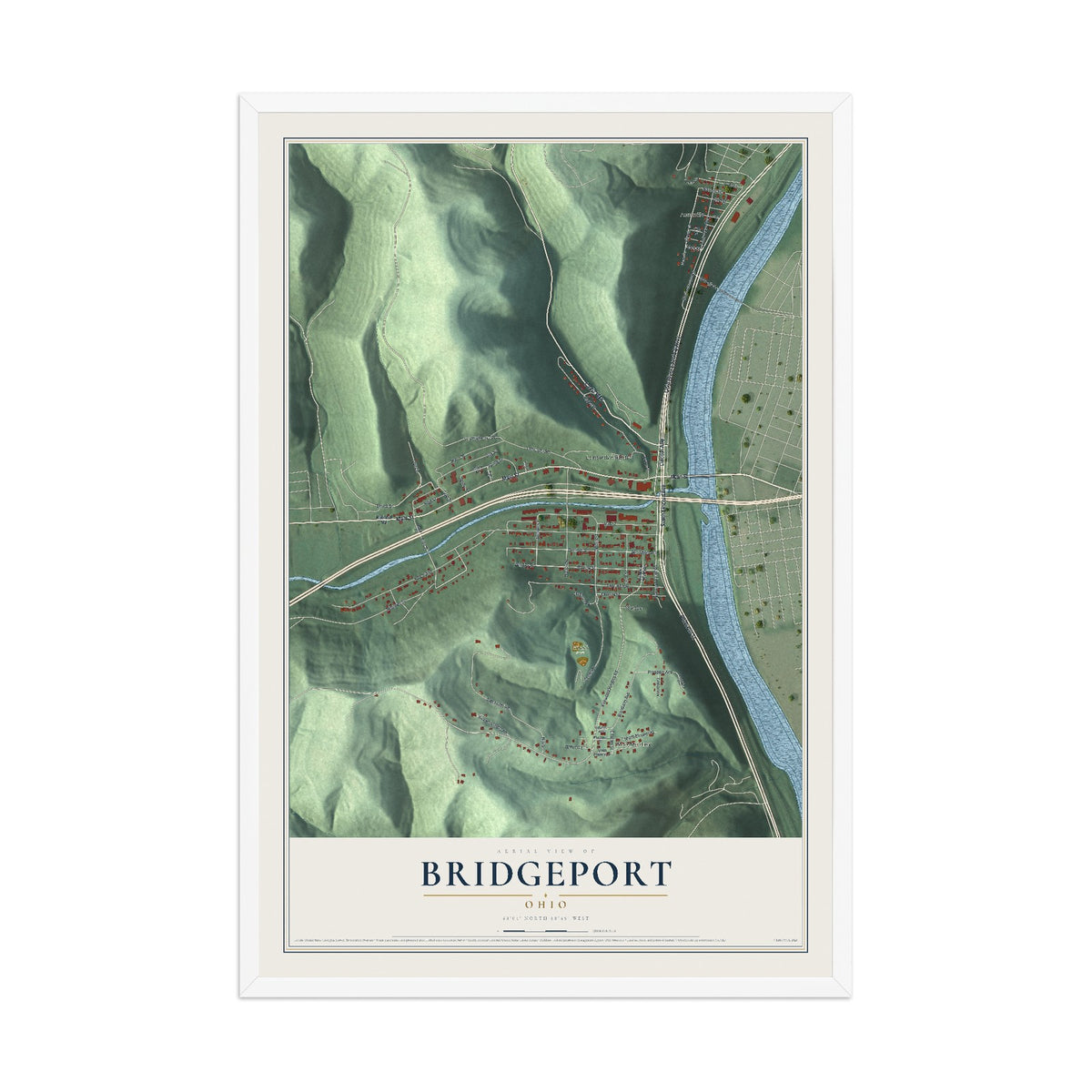 Map of Bridgeport, Ohio, 12 x 18 inch print in a white wood frame