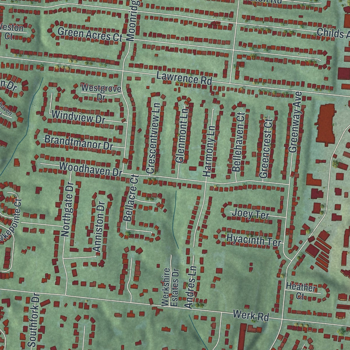 Close-up of the map of Bridgetown, Ohio print showing street and building detail