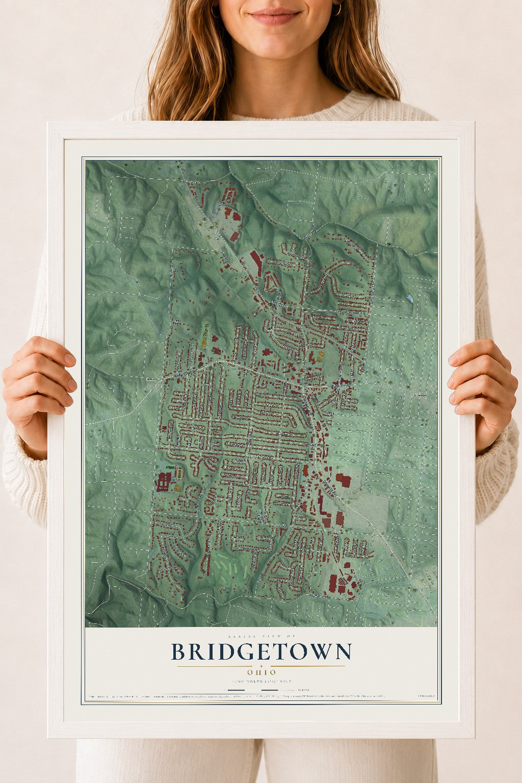 Map of Bridgetown, Ohio, 18 x 24 inch print in a white wood frame