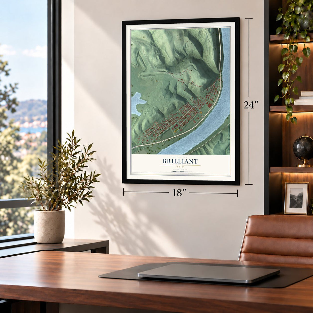 Brilliant, Ohio map, 18 x 24 inch print in a black frame in a home office