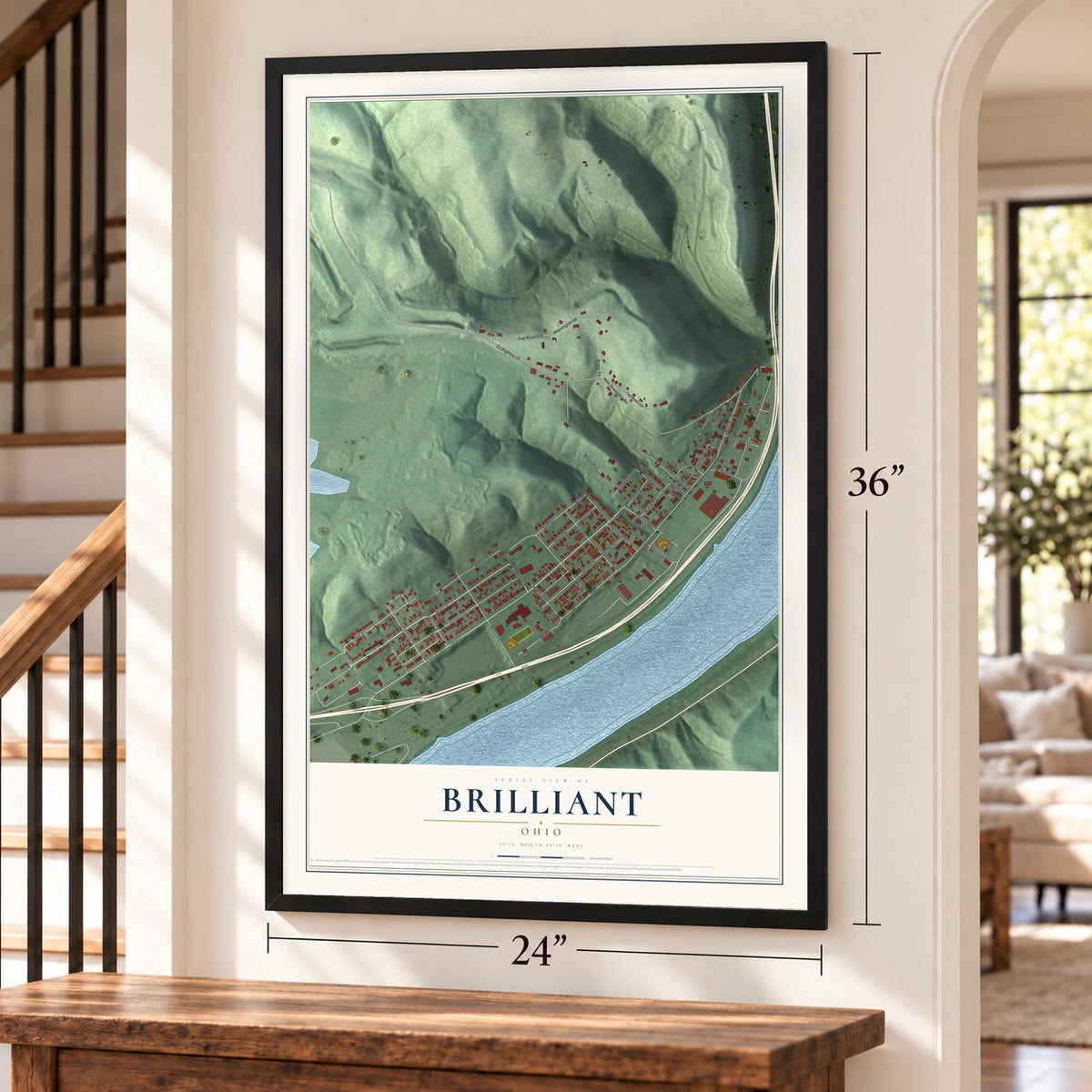 Brilliant, Ohio map, 24 x 36 inch print in a black frame by a staircase