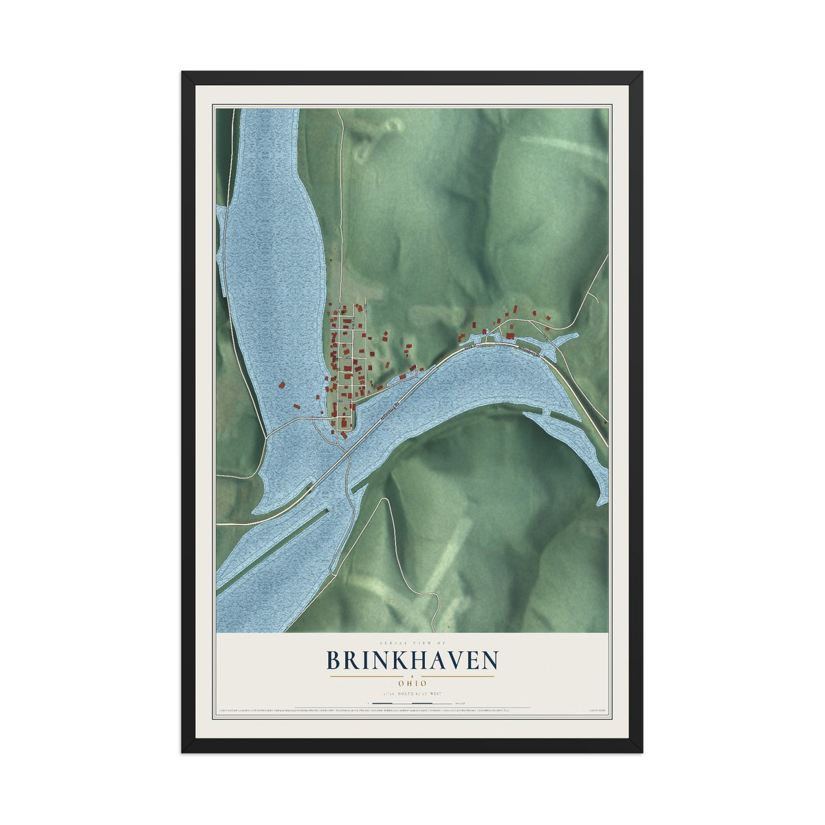 Map of Brinkhaven, Ohio, 12 x 18 inch print in a black wood frame