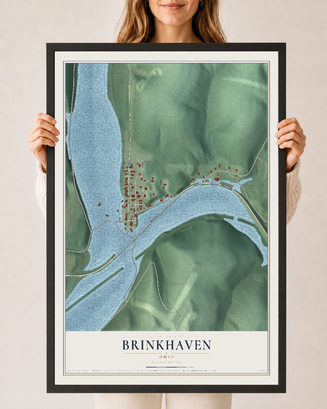 Map of Brinkhaven, Ohio, 24 x 36 inch print in a black wood frame