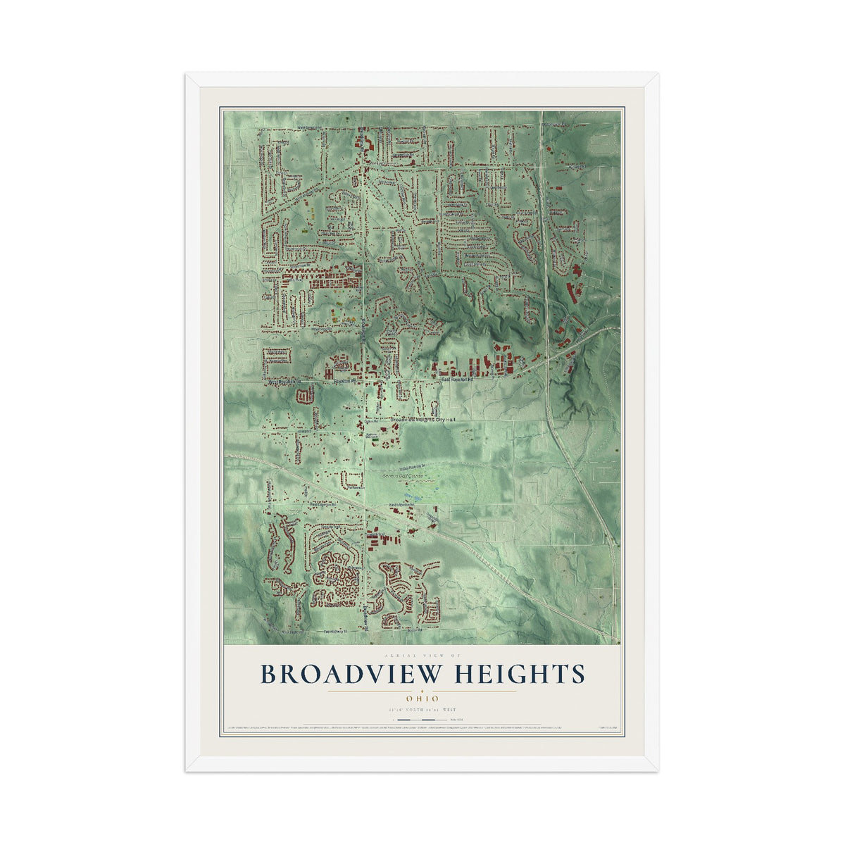Map of Broadview Heights, Ohio, 12 x 18 inch print in a white wood frame