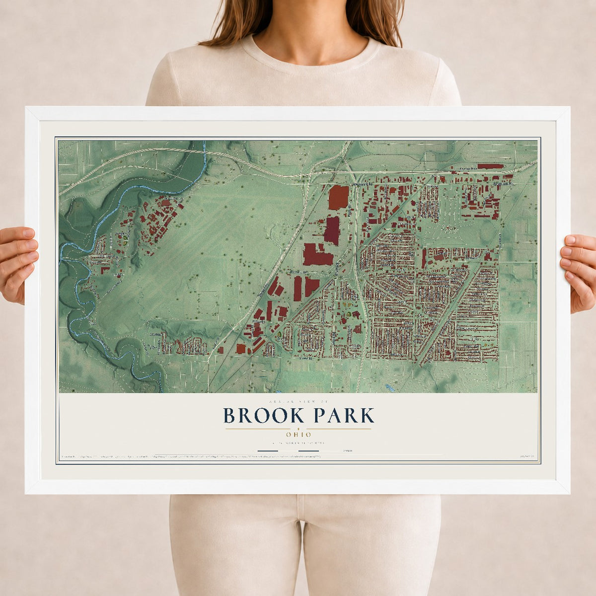 Map of Brook Park, Ohio, 18 x 24 inch print in a white wood frame