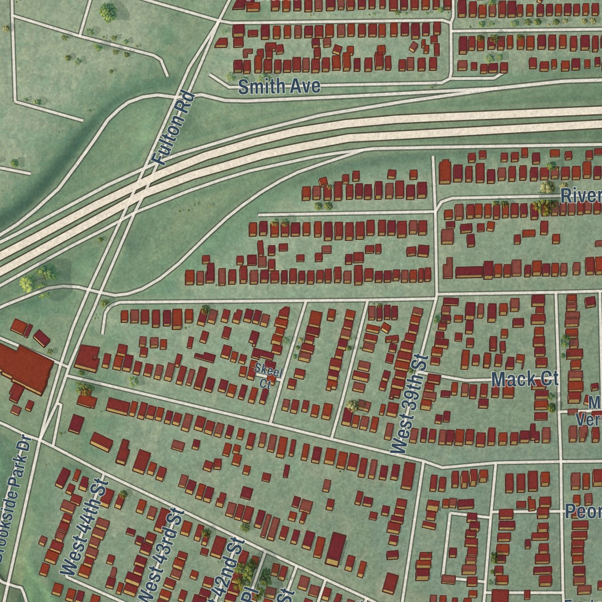 Close-up of the map of Brooklyn Centre, Ohio print showing street and building detail