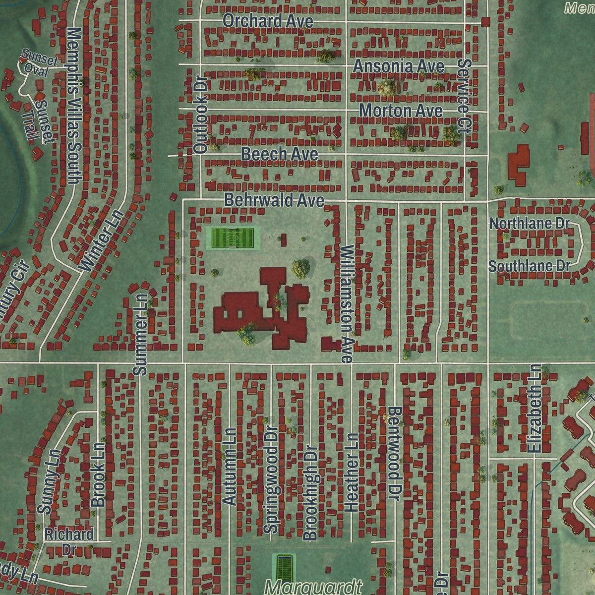 Close-up of the map of Brooklyn, Ohio print showing street and building detail
