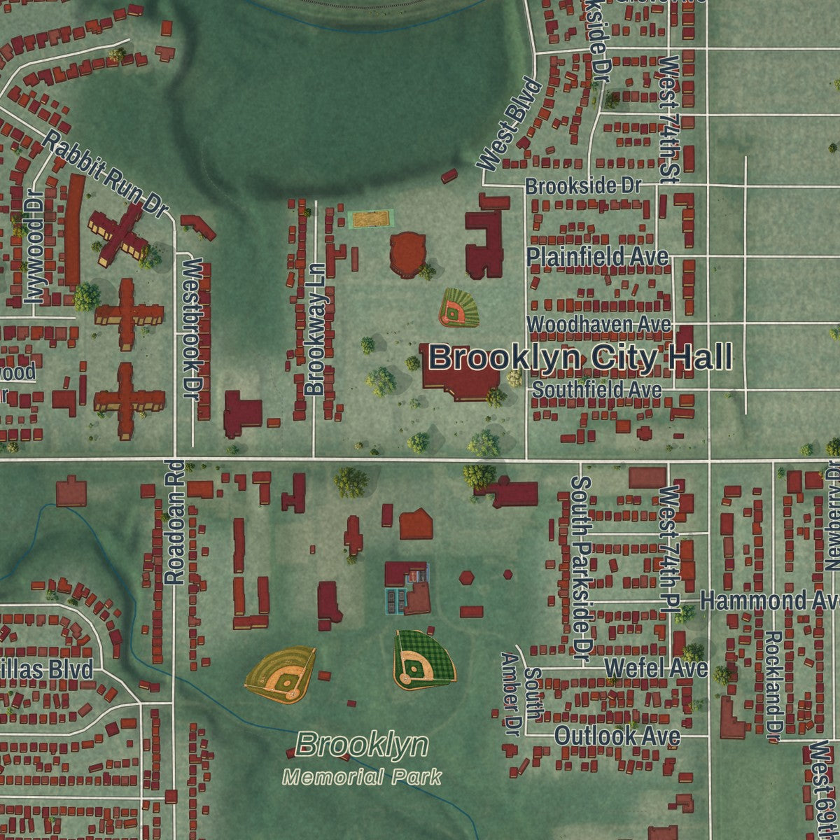 Second close-up of the map of Brooklyn, Ohio print showing more streets and buildings