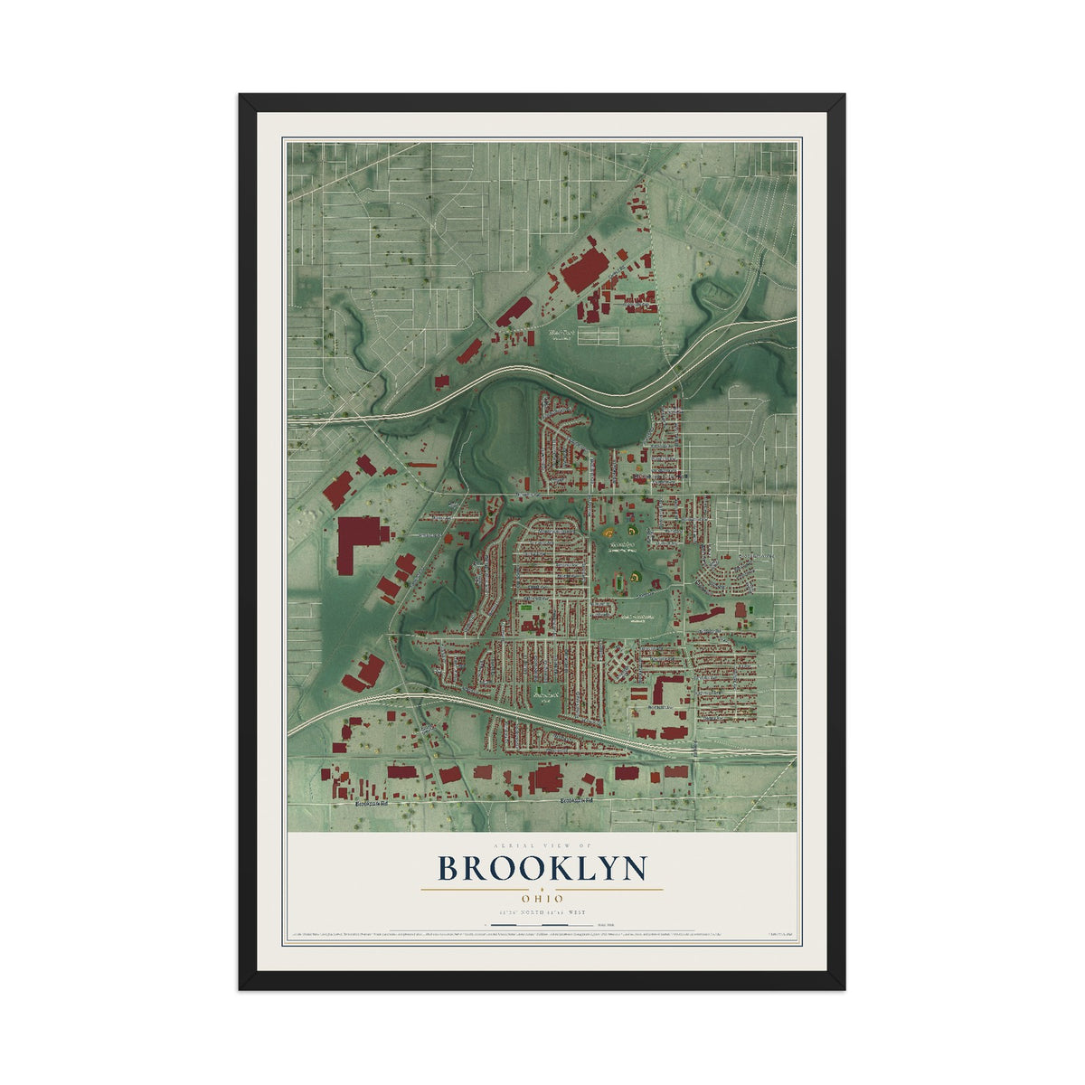 Map of Brooklyn, Ohio, 12 x 18 inch print in a black wood frame