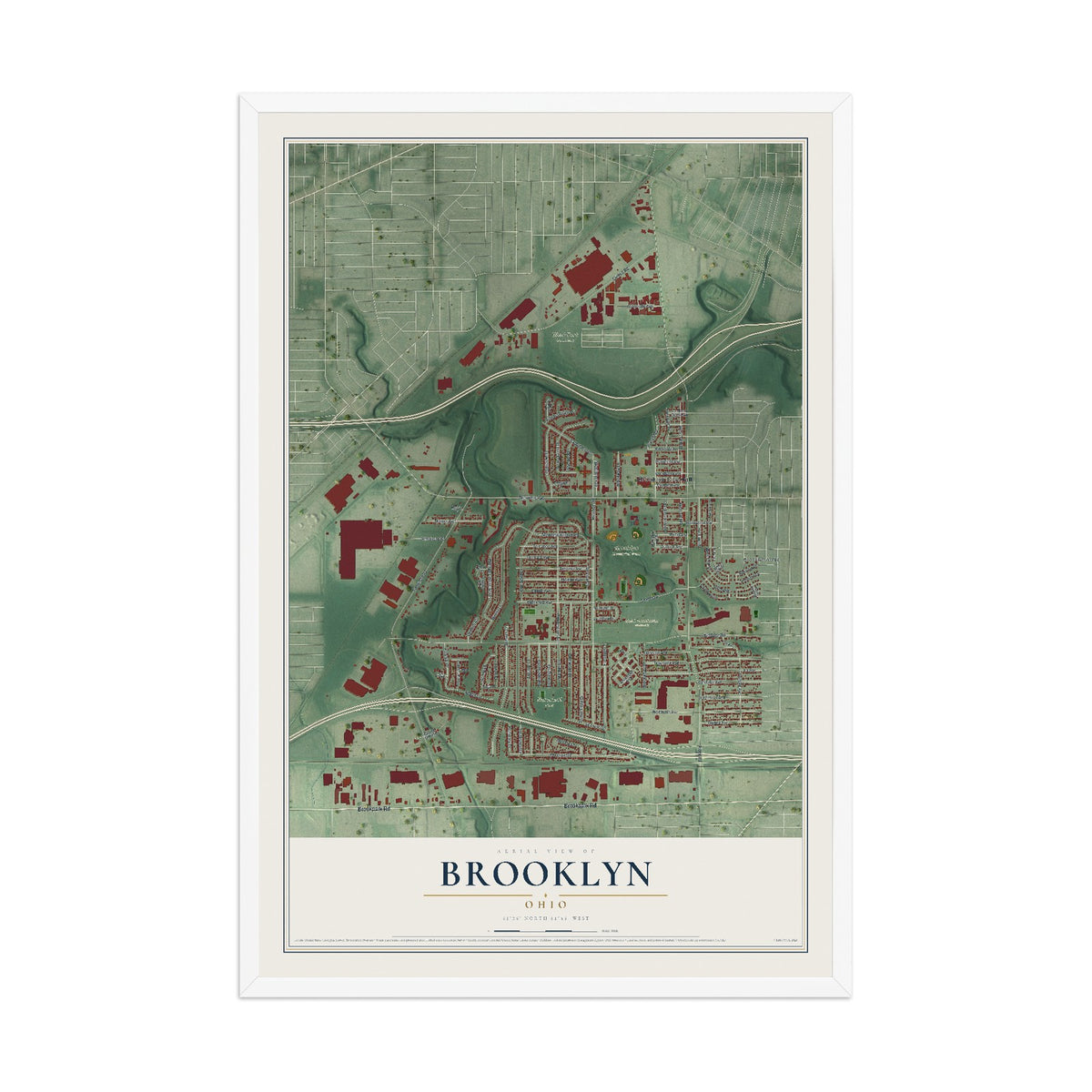 Map of Brooklyn, Ohio, 12 x 18 inch print in a white wood frame