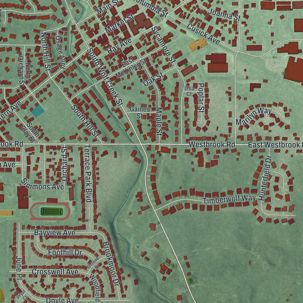 Close-up of the map of Brookville, Ohio print showing street and building detail