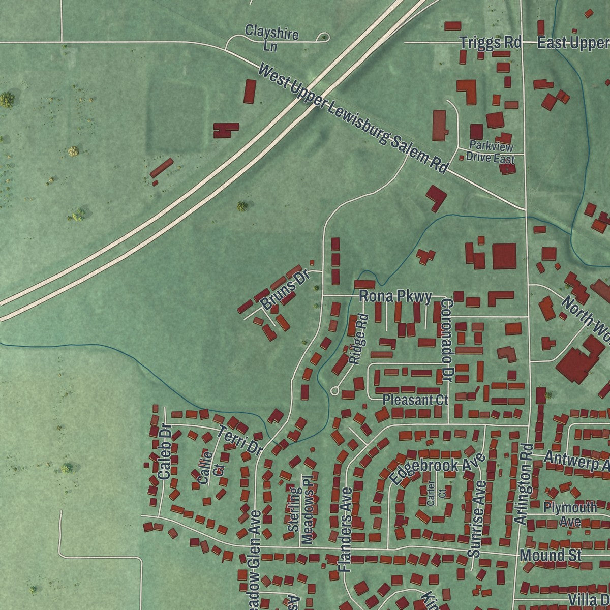Second close-up of the map of Brookville, Ohio print showing more streets and buildings