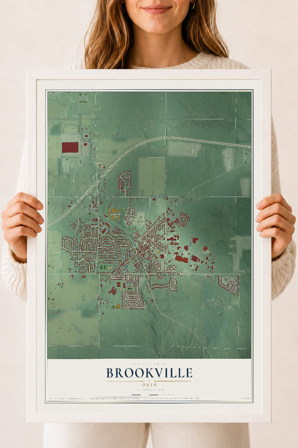 Map of Brookville, Ohio, 18 x 24 inch print in a white wood frame