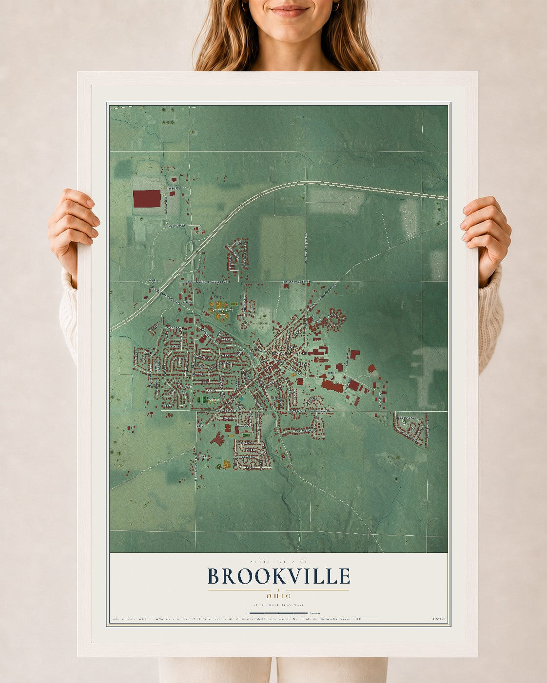 Map of Brookville, Ohio, 24 x 36 inch print in a white wood frame