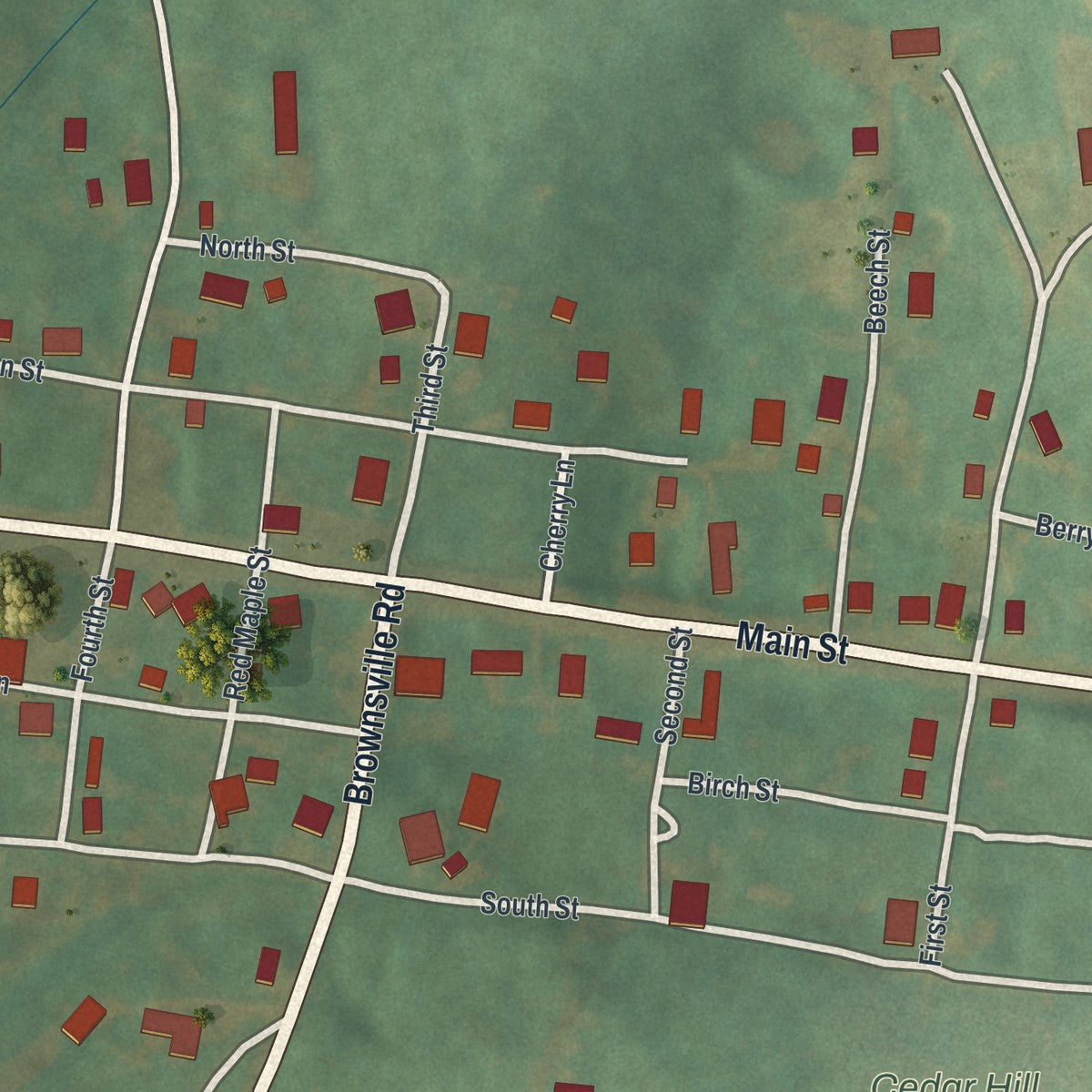 Close-up of the map of Brownsville, Ohio print showing street and building detail
