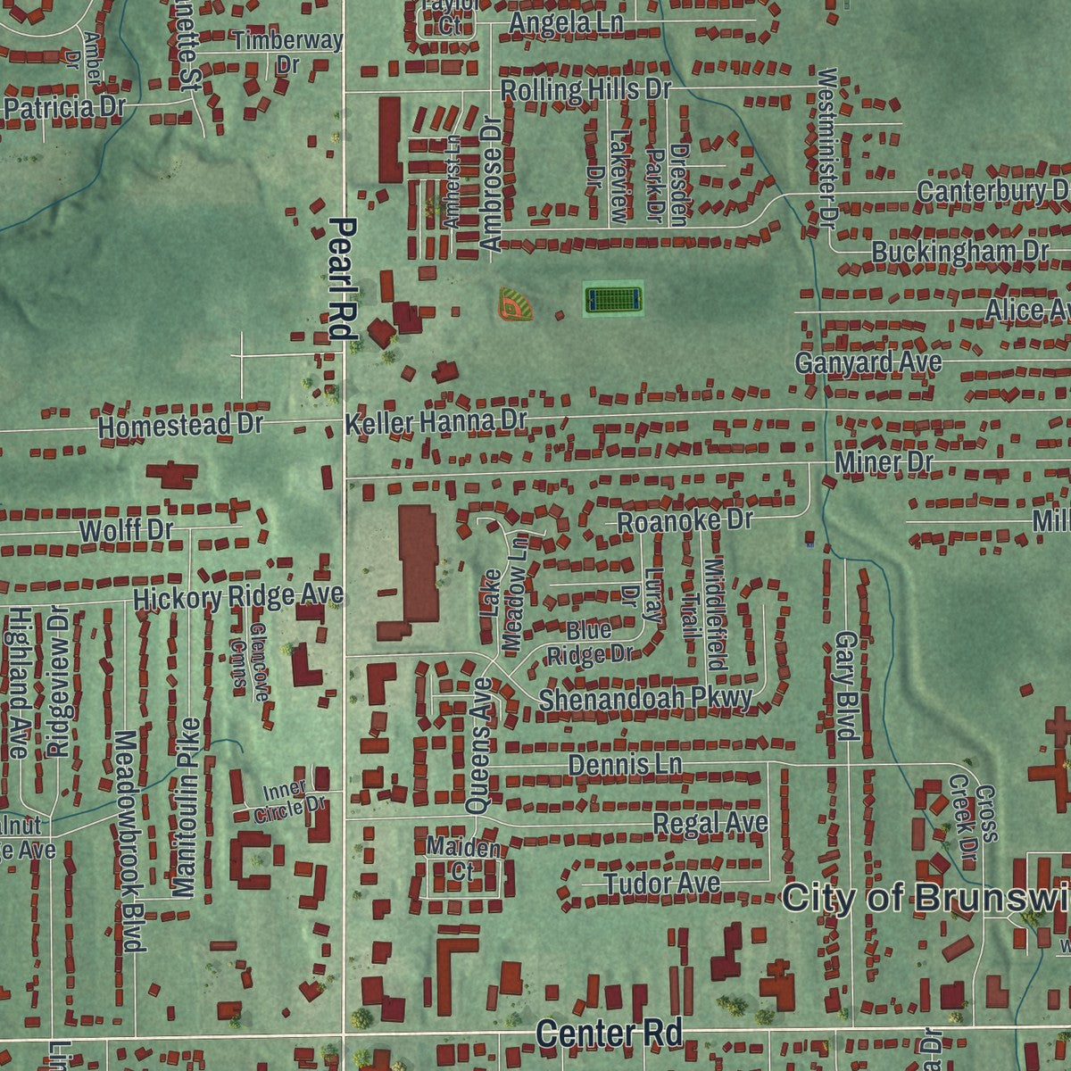 Close-up of the map of Brunswick, Ohio print showing street and building detail