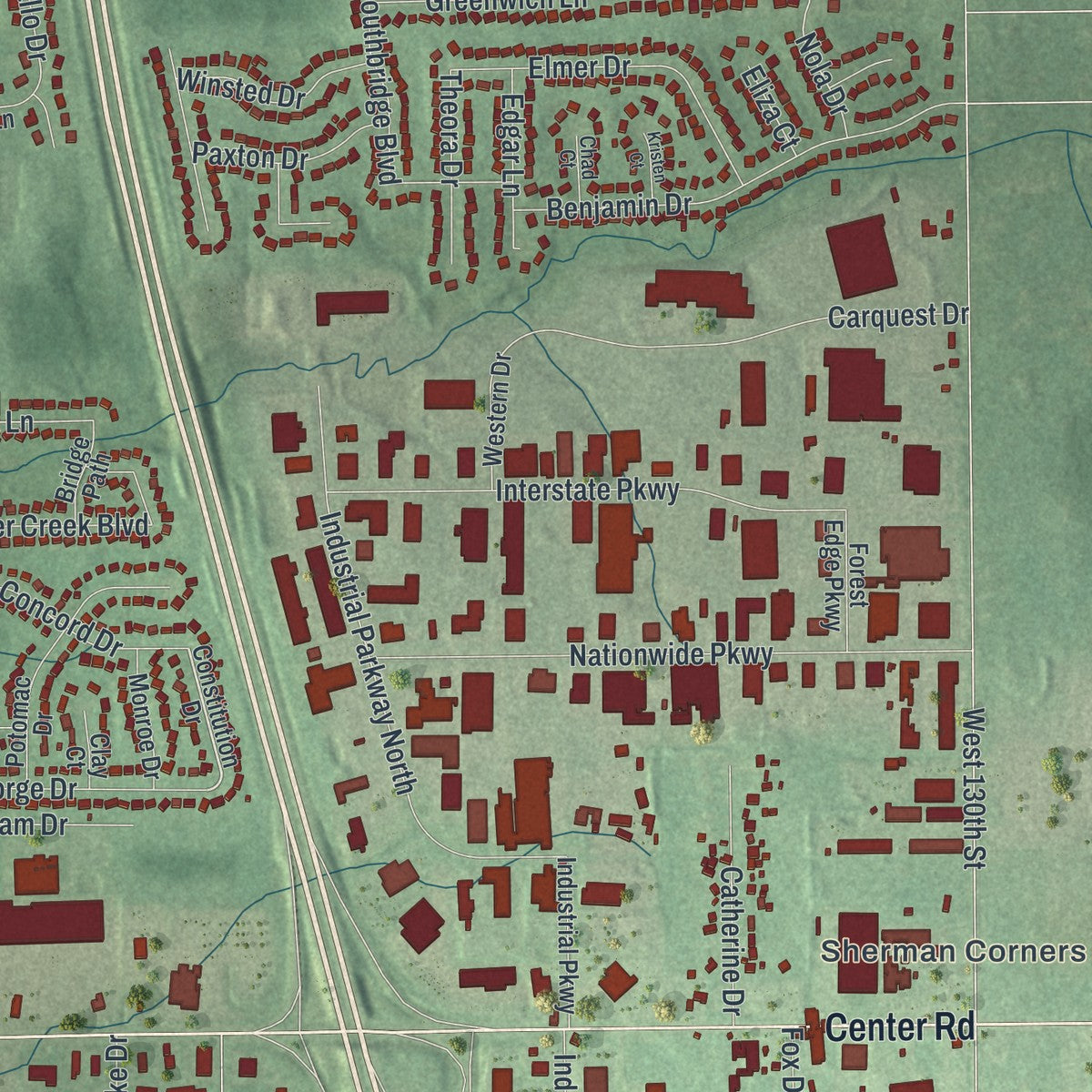 Second close-up of the map of Brunswick, Ohio print showing more streets and buildings