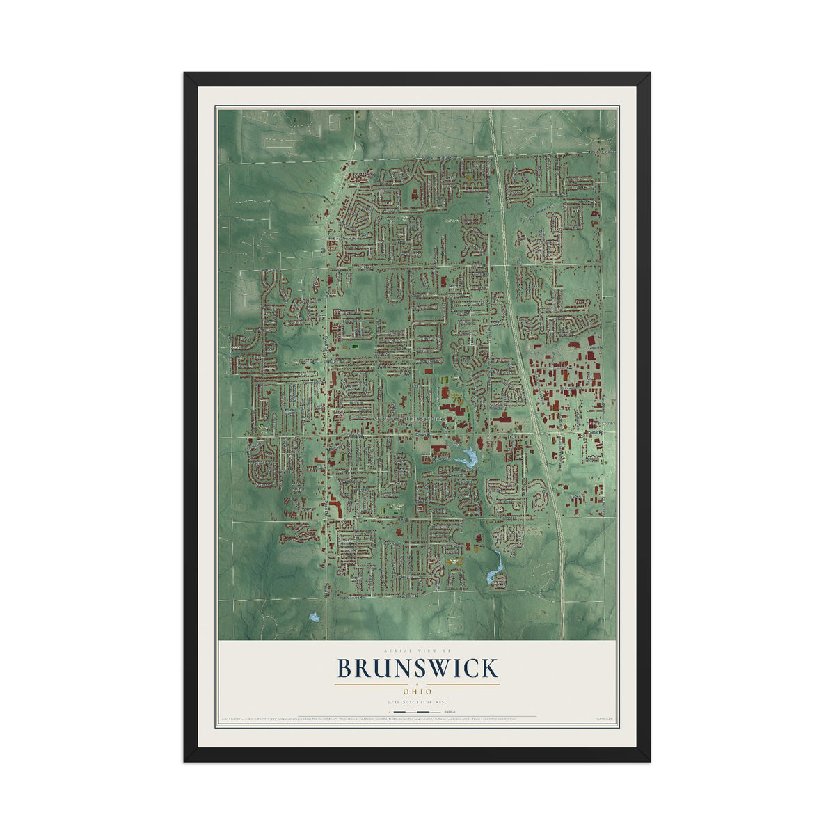 Map of Brunswick, Ohio, 12 x 18 inch print in a black wood frame