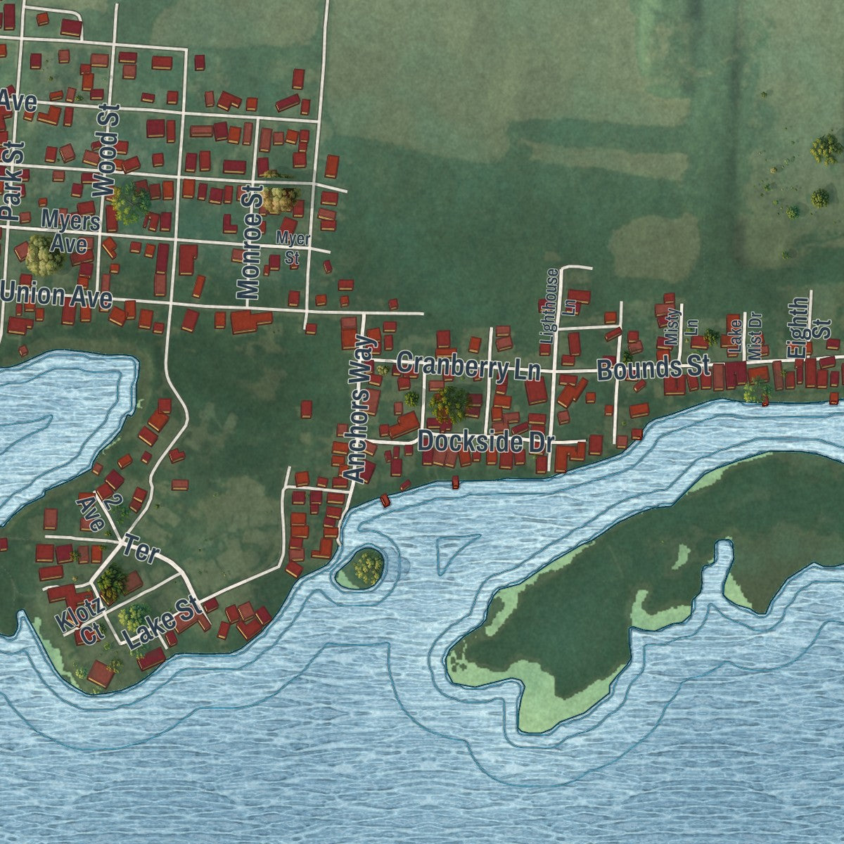 Close-up of the map of Buckeye Lake, Ohio print showing street and building detail