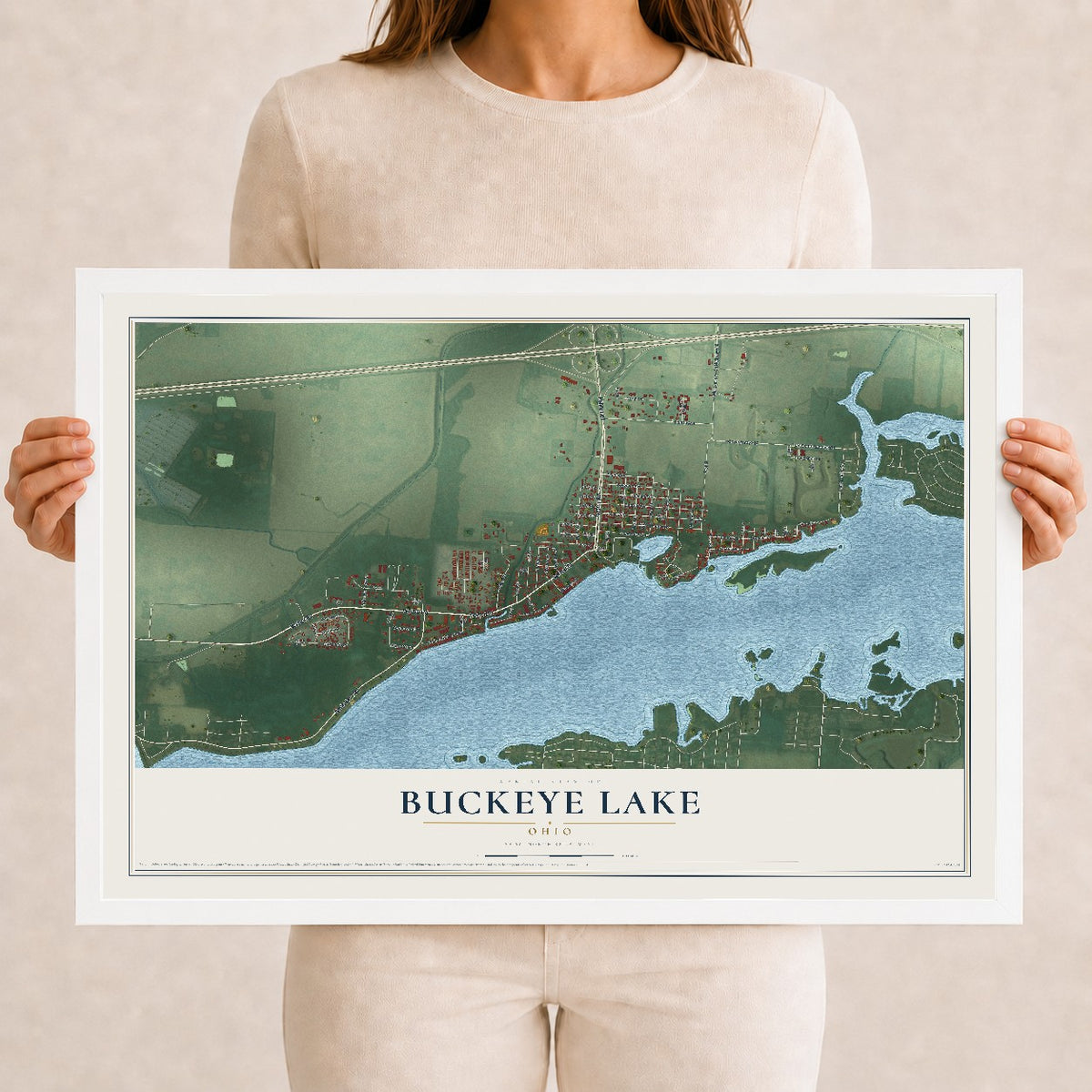 Map of Buckeye Lake, Ohio, 12 x 18 inch print in a white wood frame