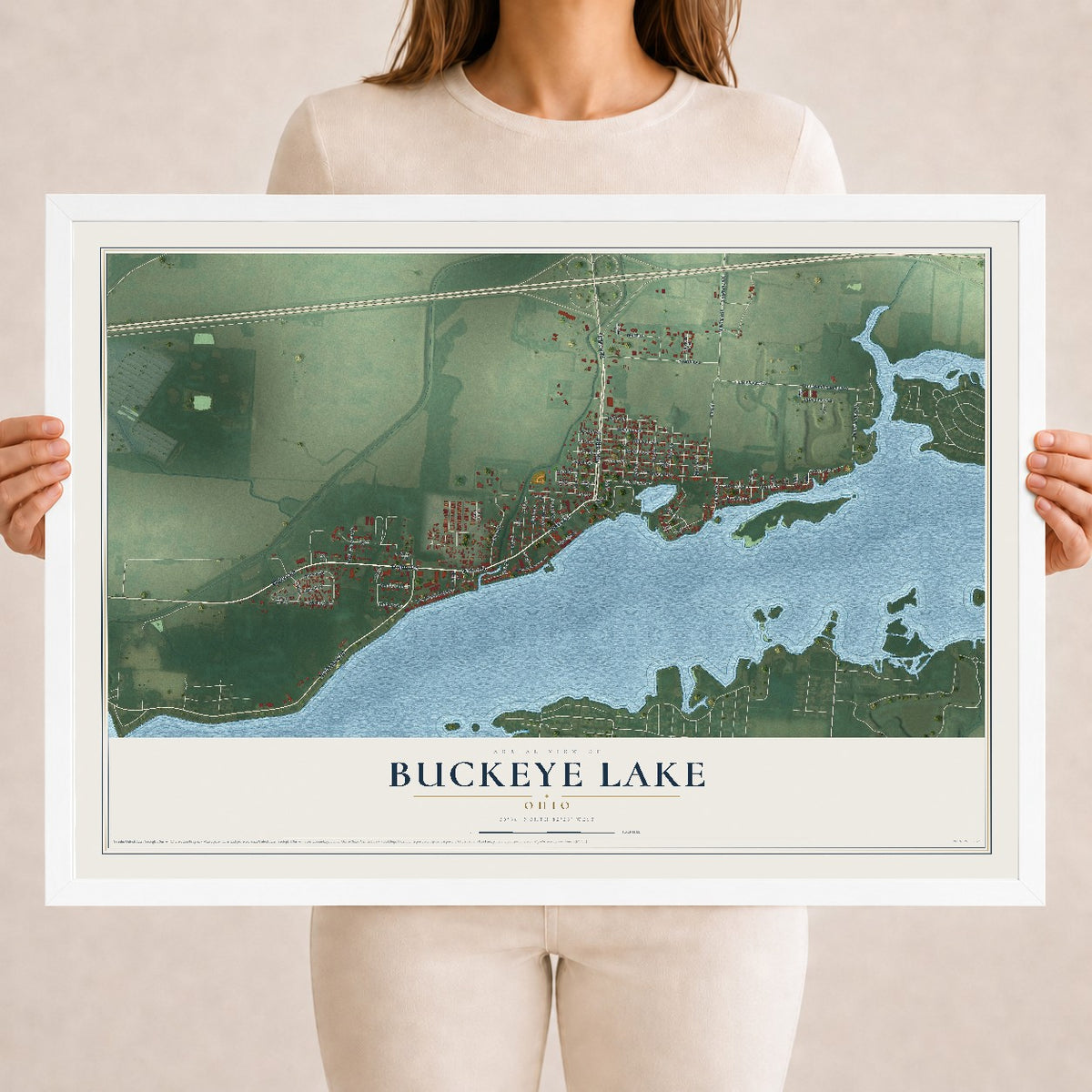 Map of Buckeye Lake, Ohio, 18 x 24 inch print in a white wood frame