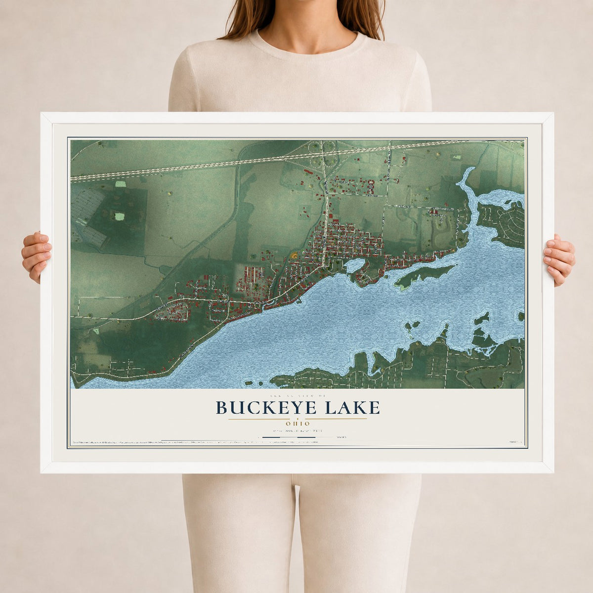 Map of Buckeye Lake, Ohio, 24 x 36 inch print in a white wood frame