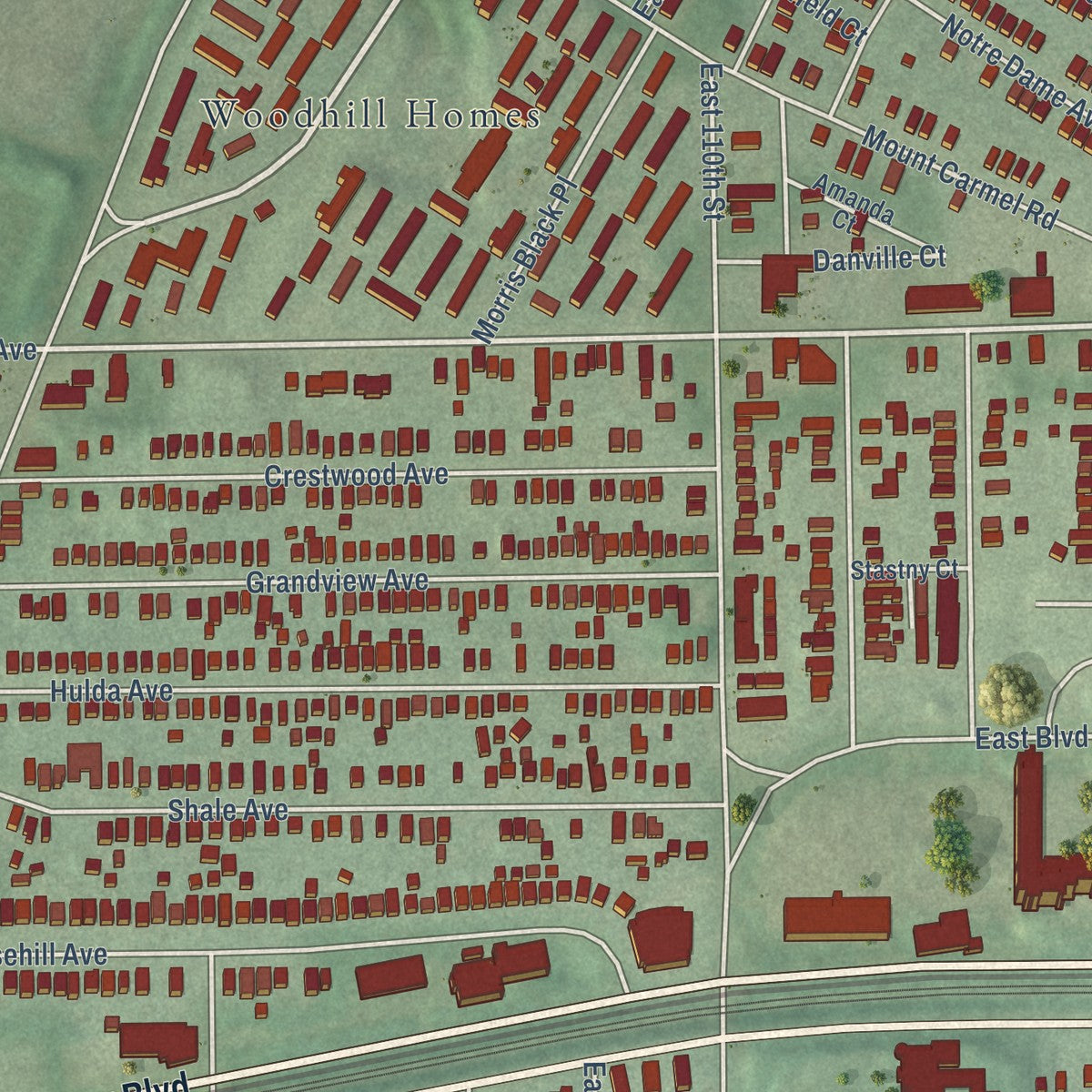 Close-up of the map of Buckeye-Woodhill, Ohio print showing street and building detail