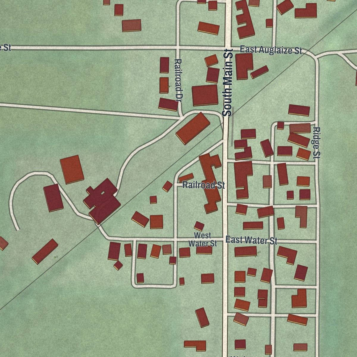 Close-up of the map of Buckland, Ohio print showing street and building detail