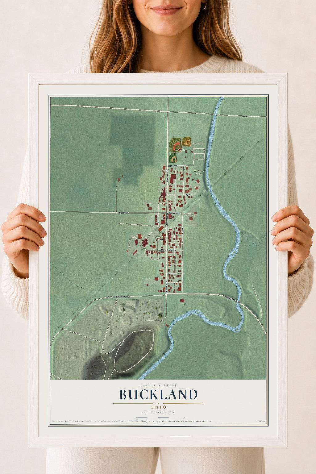 Map of Buckland, Ohio, 18 x 24 inch print in a white wood frame