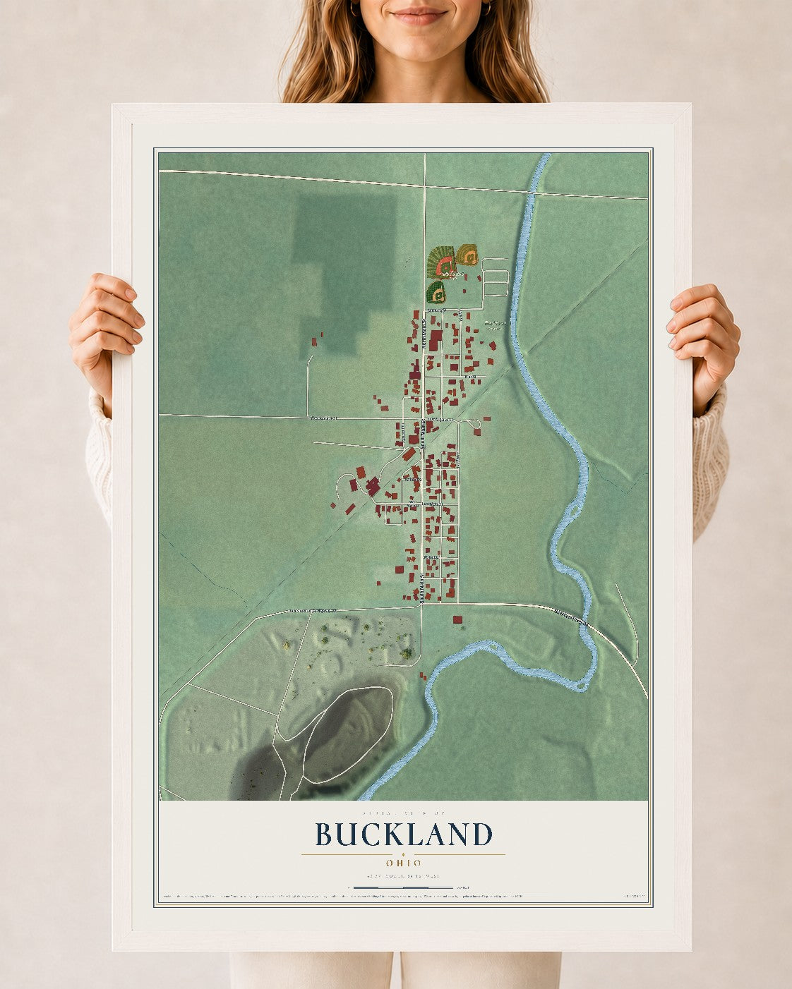 Map of Buckland, Ohio, 24 x 36 inch print in a white wood frame