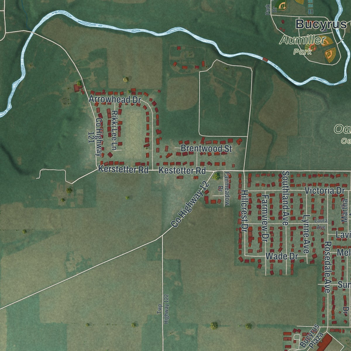 Second close-up of the map of Bucyrus, Ohio print showing more streets and buildings