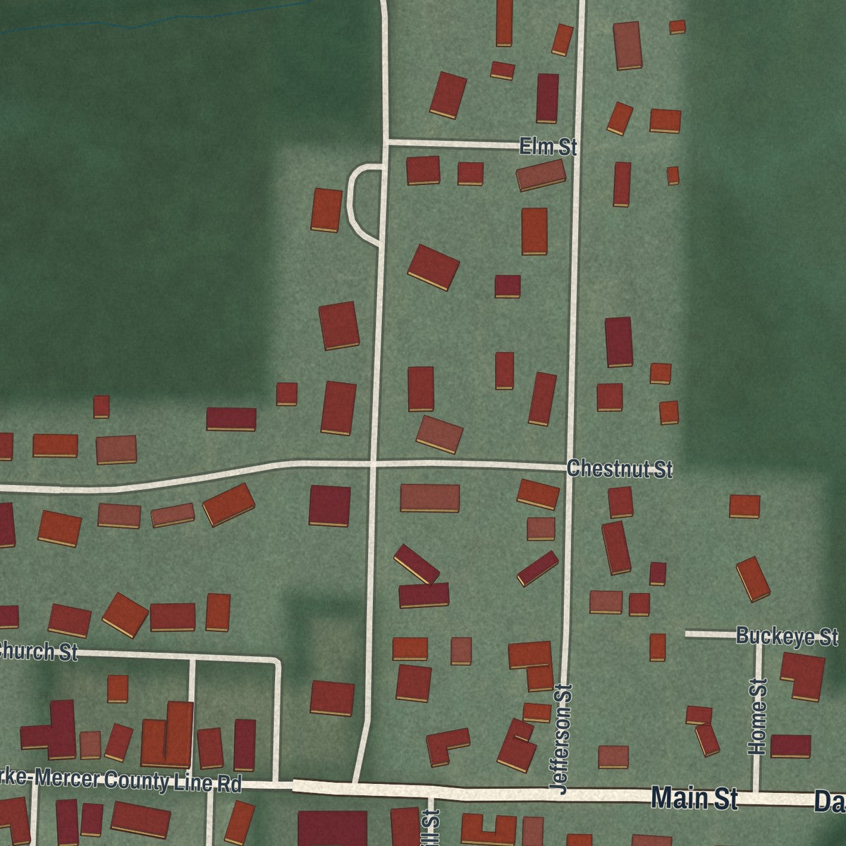 Close-up of the map of Burkettsville, Ohio print showing street and building detail