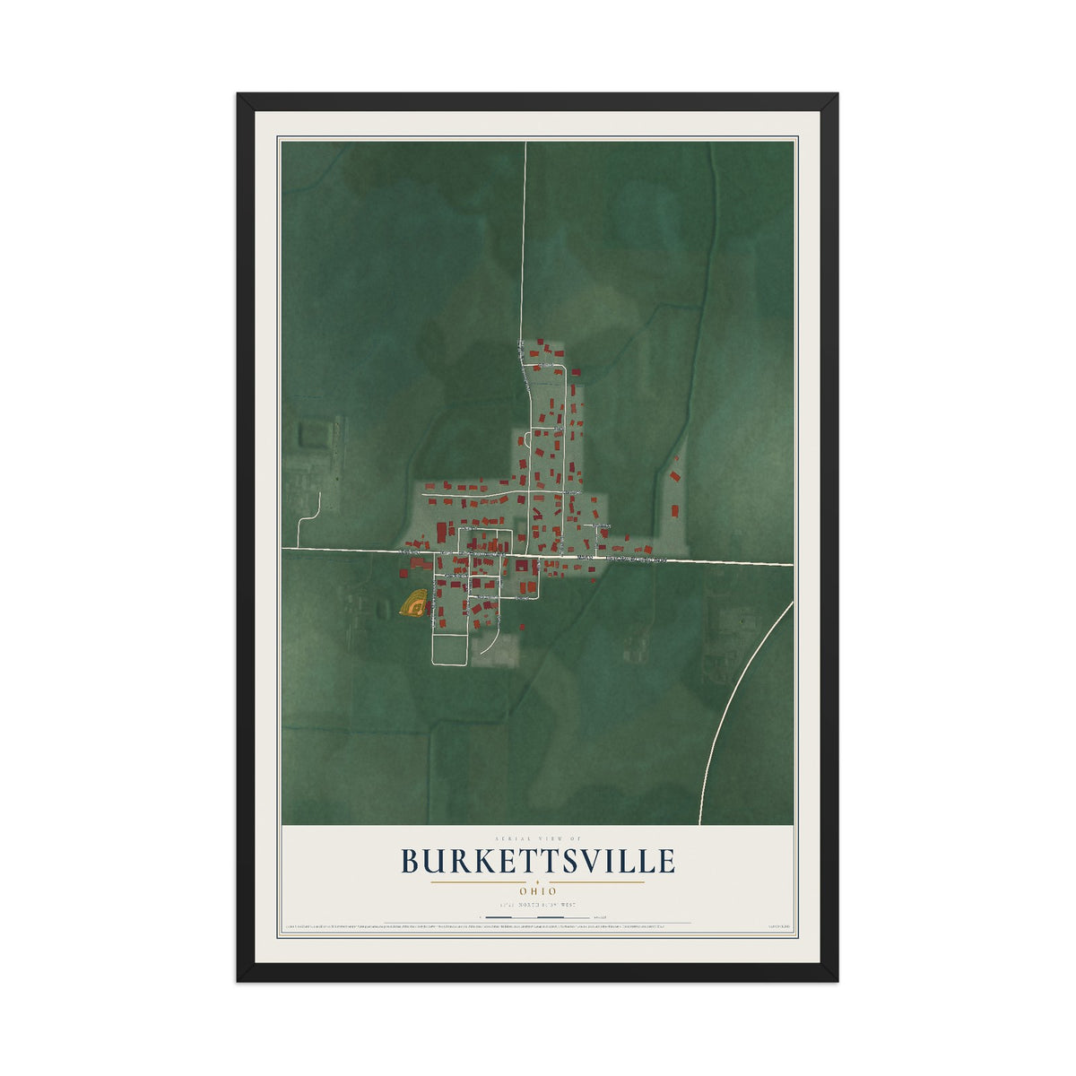 Map of Burkettsville, Ohio, 12 x 18 inch print in a black wood frame