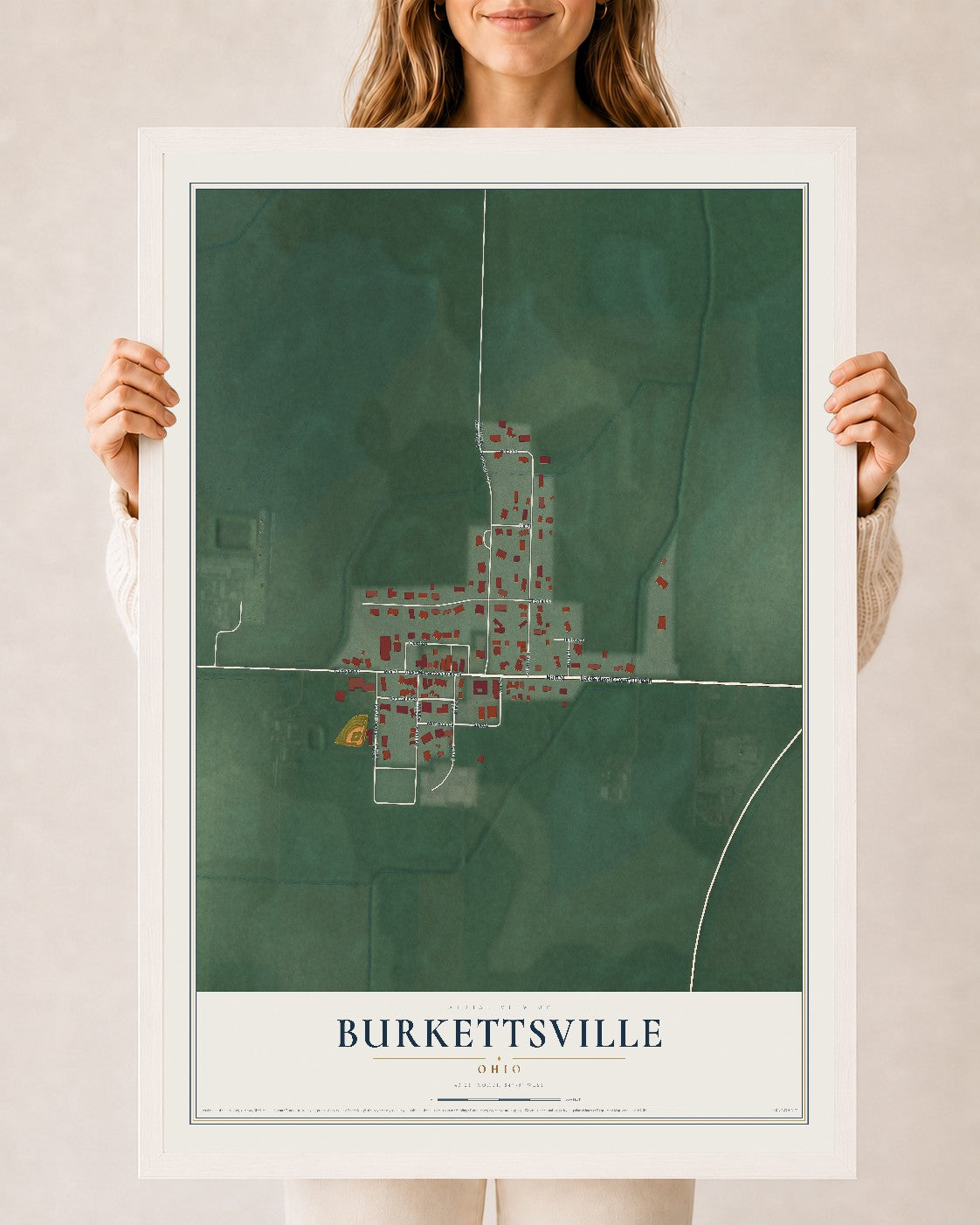 Map of Burkettsville, Ohio, 24 x 36 inch print in a white wood frame