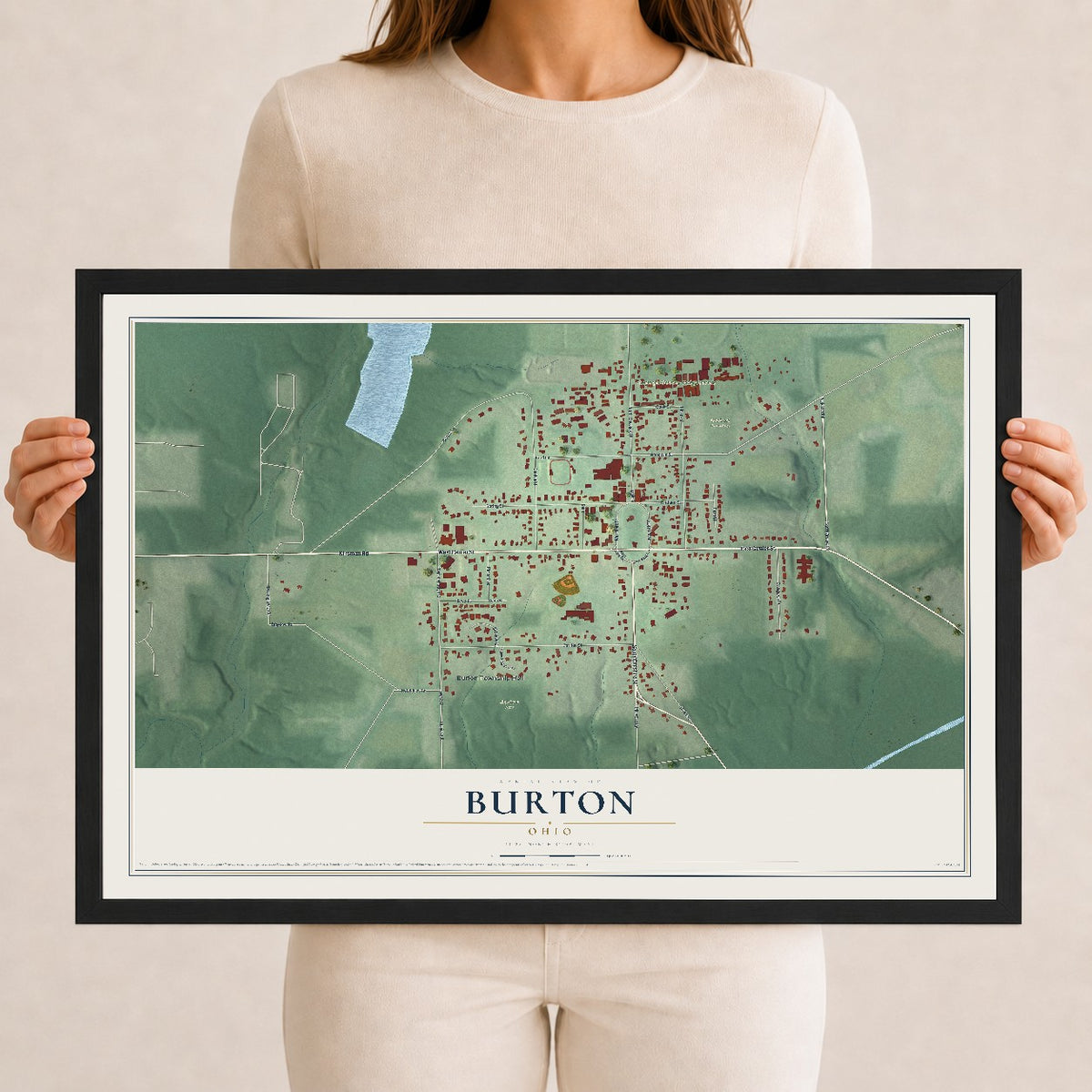 Map of Burton, Ohio, 12 x 18 inch print in a black wood frame