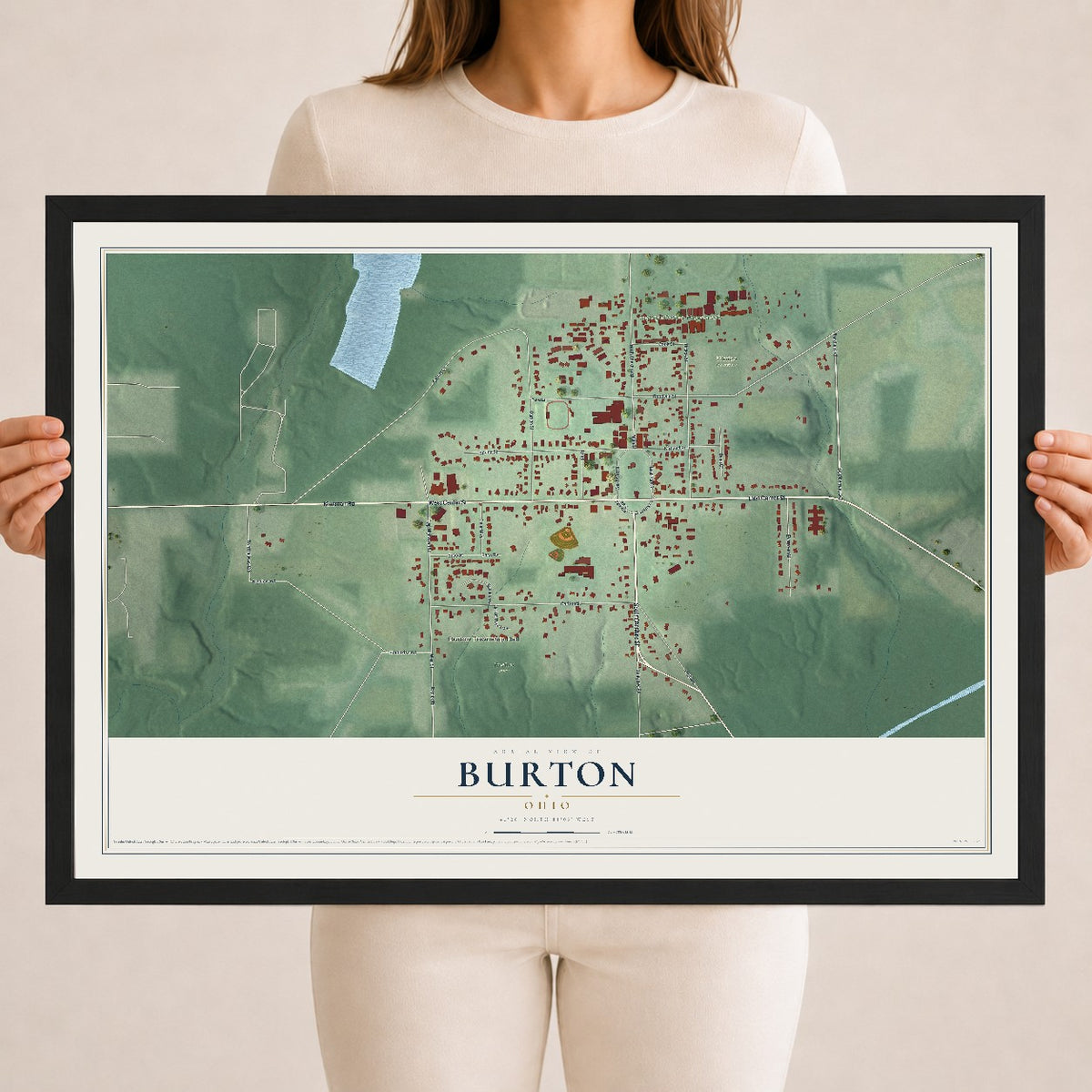 Map of Burton, Ohio, 18 x 24 inch print in a black wood frame
