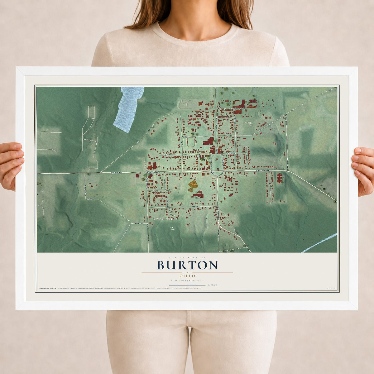 Map of Burton, Ohio, 18 x 24 inch print in a white wood frame