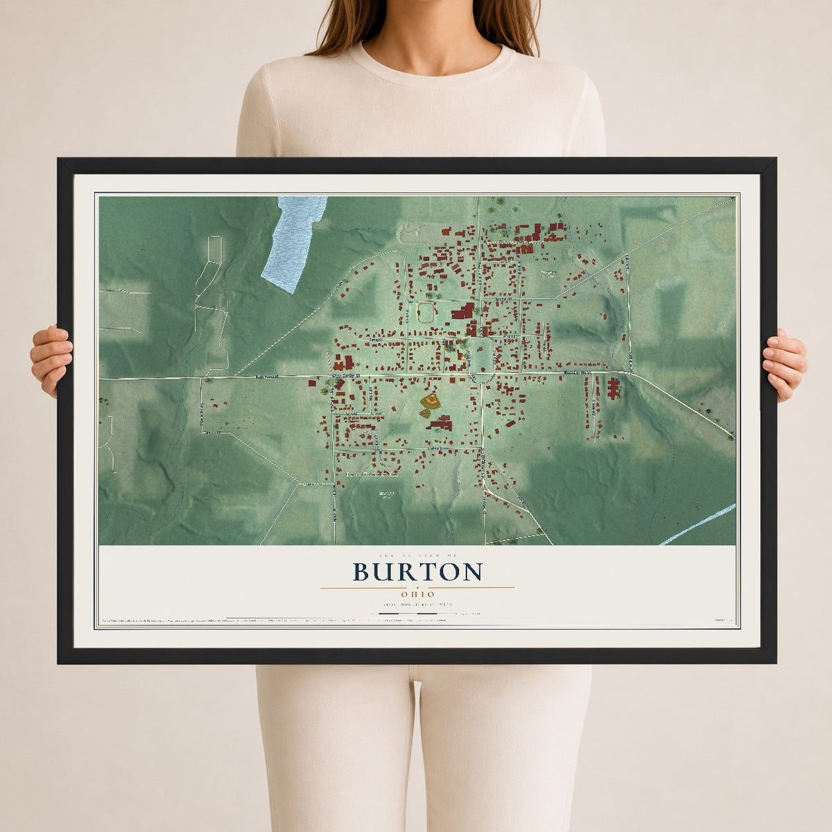 Map of Burton, Ohio, 24 x 36 inch print in a black wood frame