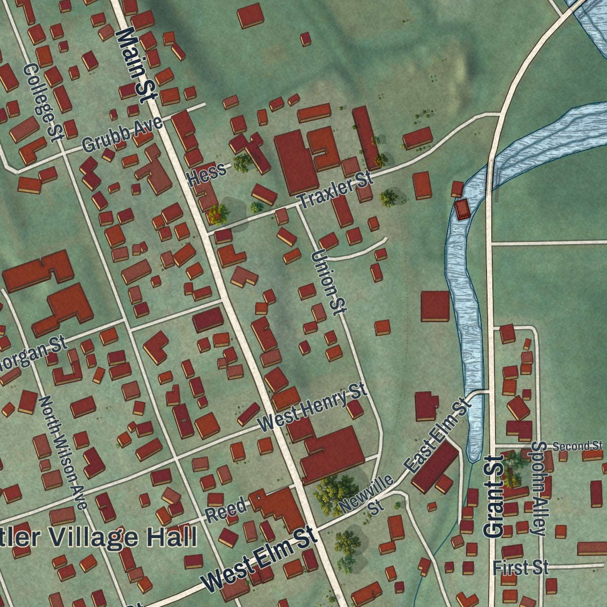 Close-up of the map of Butler, Ohio print showing street and building detail