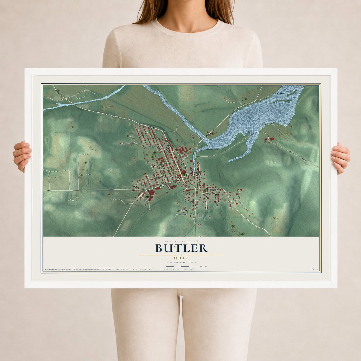 Map of Butler, Ohio, 24 x 36 inch print in a white wood frame