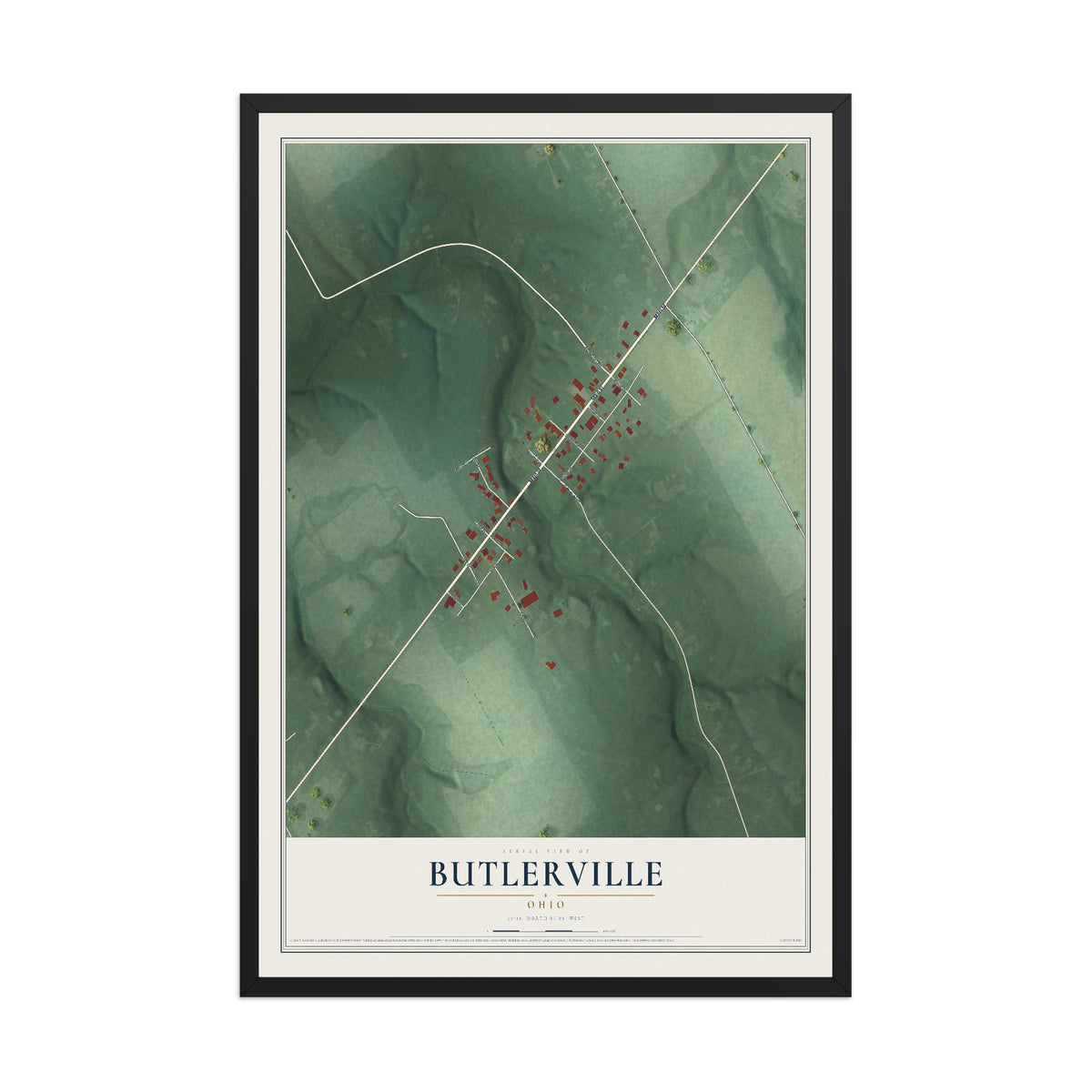 Map of Butlerville, Ohio, 12 x 18 inch print in a black wood frame
