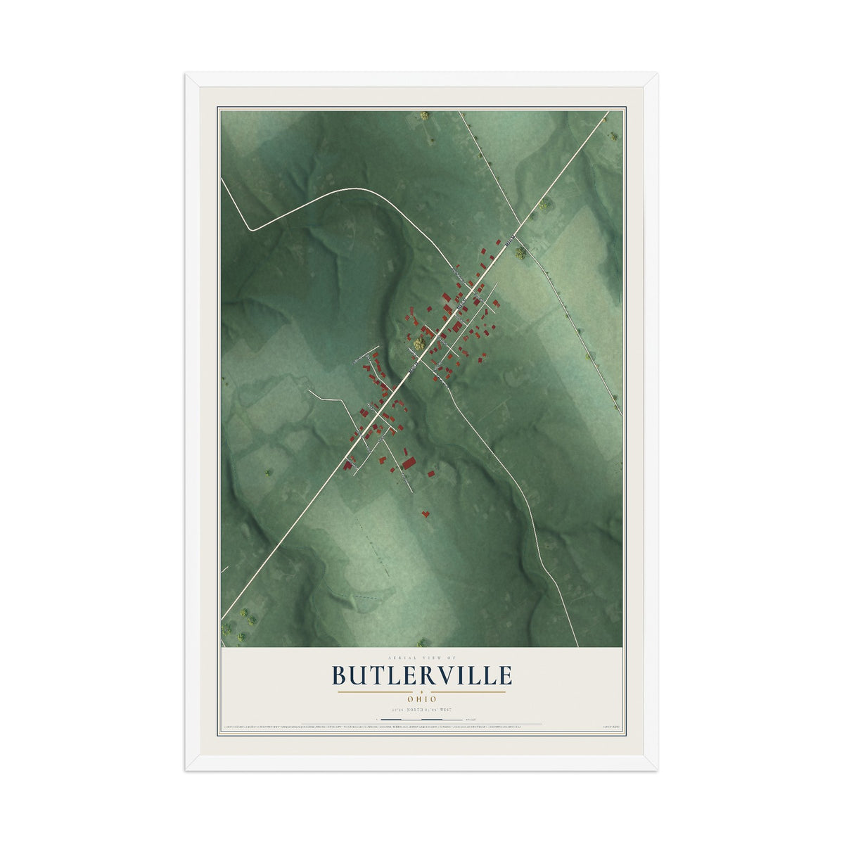 Map of Butlerville, Ohio, 12 x 18 inch print in a white wood frame