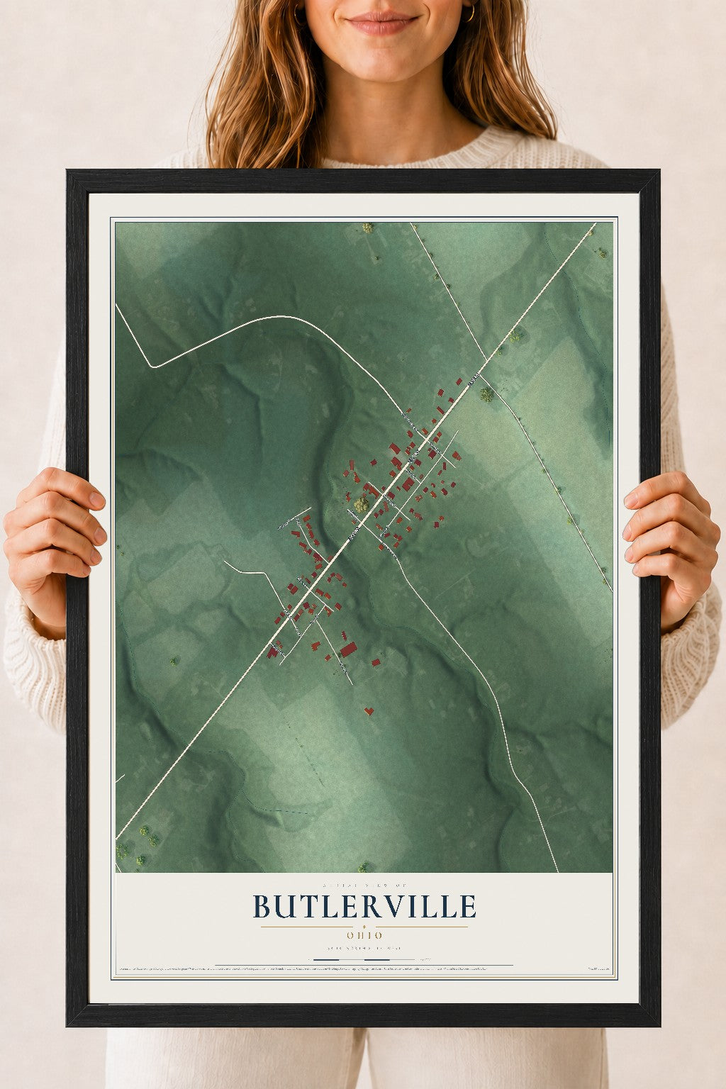 Map of Butlerville, Ohio, 18 x 24 inch print in a black wood frame