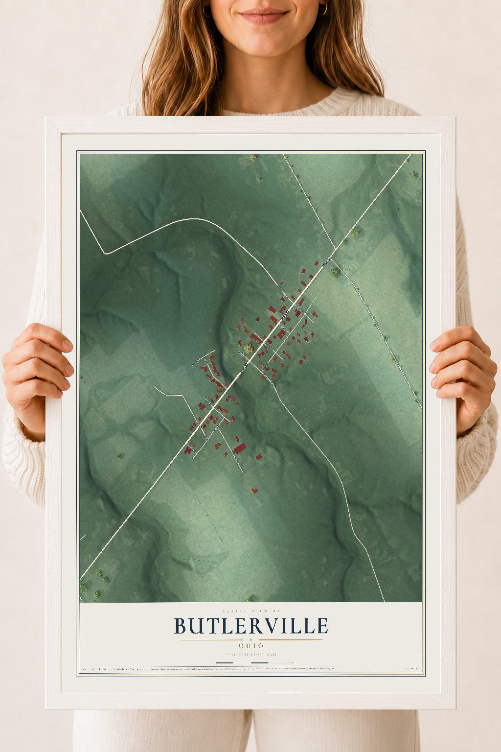Map of Butlerville, Ohio, 18 x 24 inch print in a white wood frame