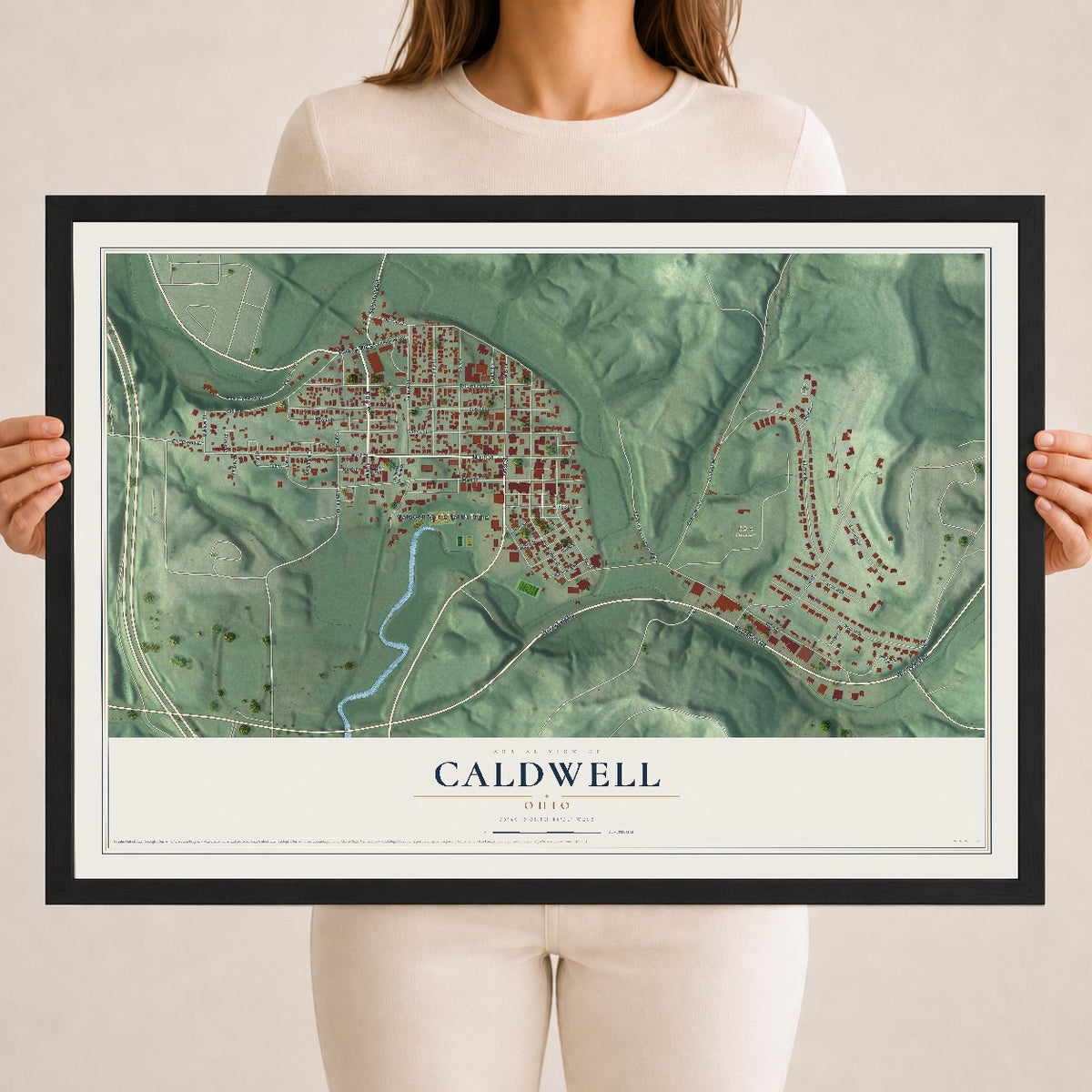 Map of Caldwell, Ohio, 18 x 24 inch print in a black wood frame