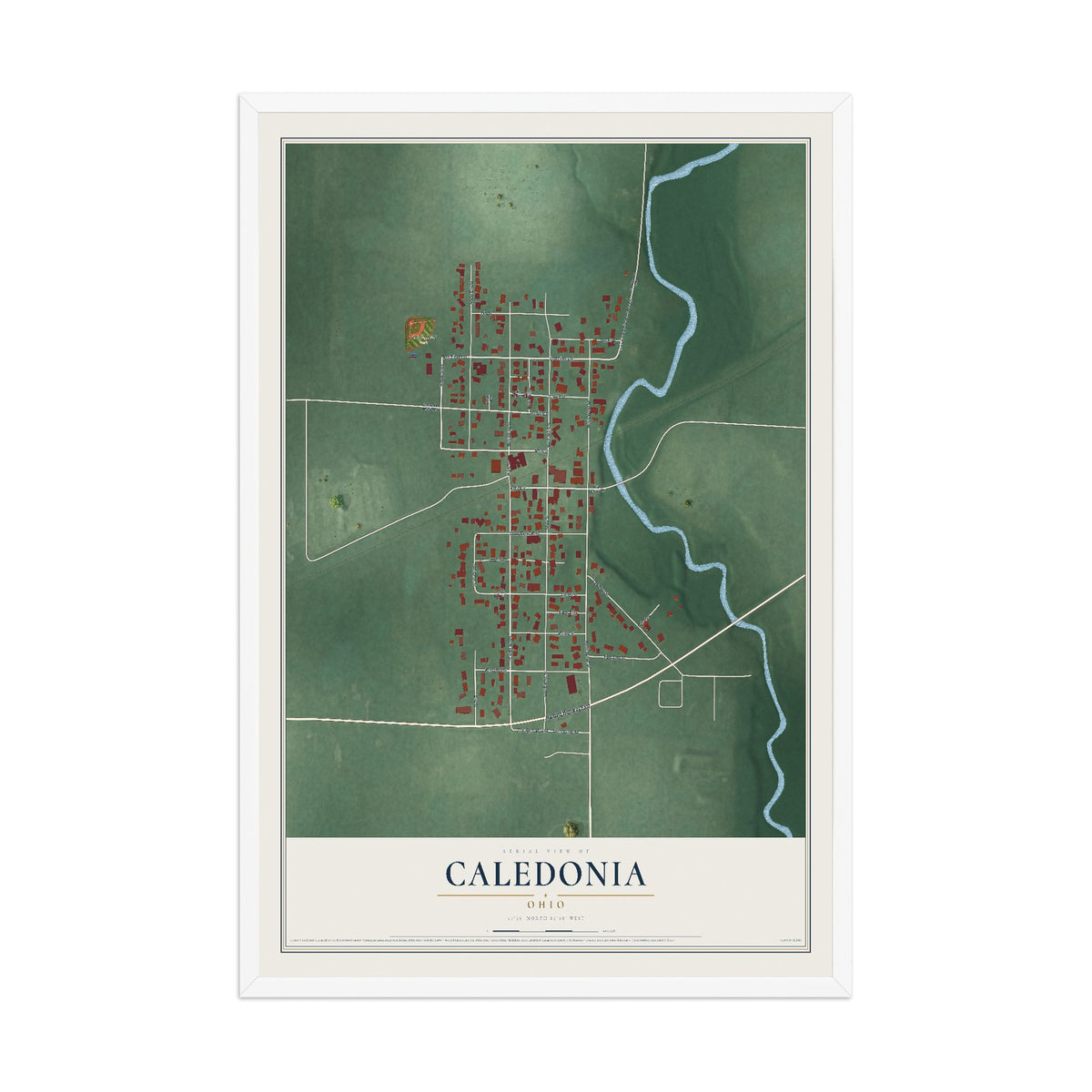 Map of Caledonia, Ohio, 12 x 18 inch print in a white wood frame